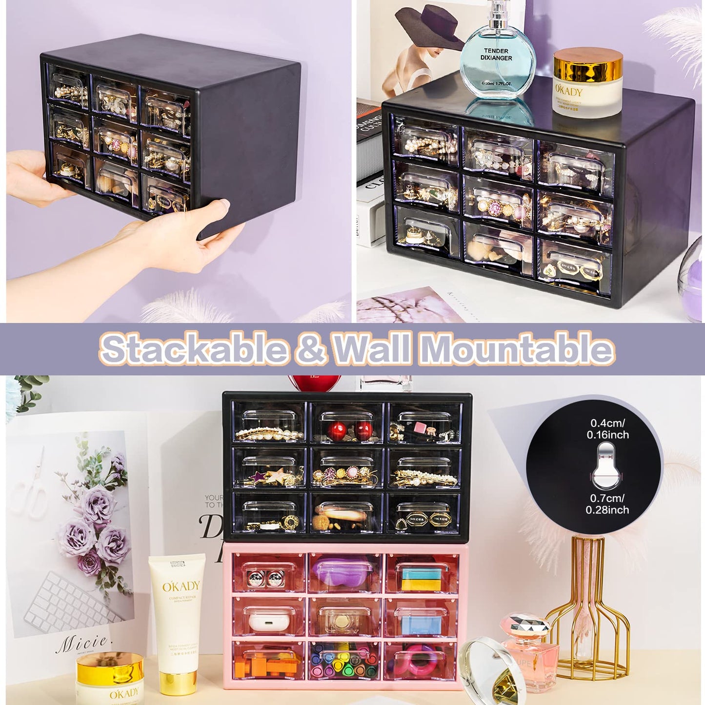 FODIENS Desk Storage Organizer with 9 Drawers, Stackable Desktop Craft Drawer Cabinet, Clear Storage Box Caddy for Makeup Jewelry Office Craft Supplies (Black)