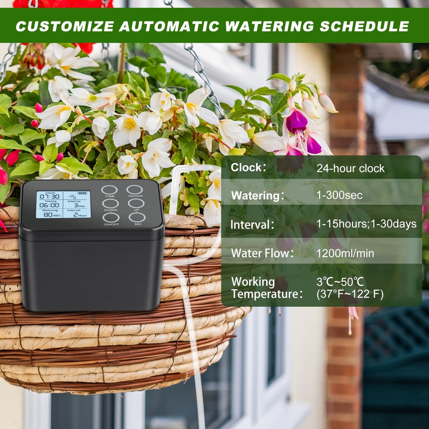 Automatic Plant Watering System for 15 Pots, [Upgraded] Tipkook Programmable Indoor/Outdoor Drip Irrigation System with LCD Touchscreen,1-300s Watering Timer, Vacation Garden Watering System