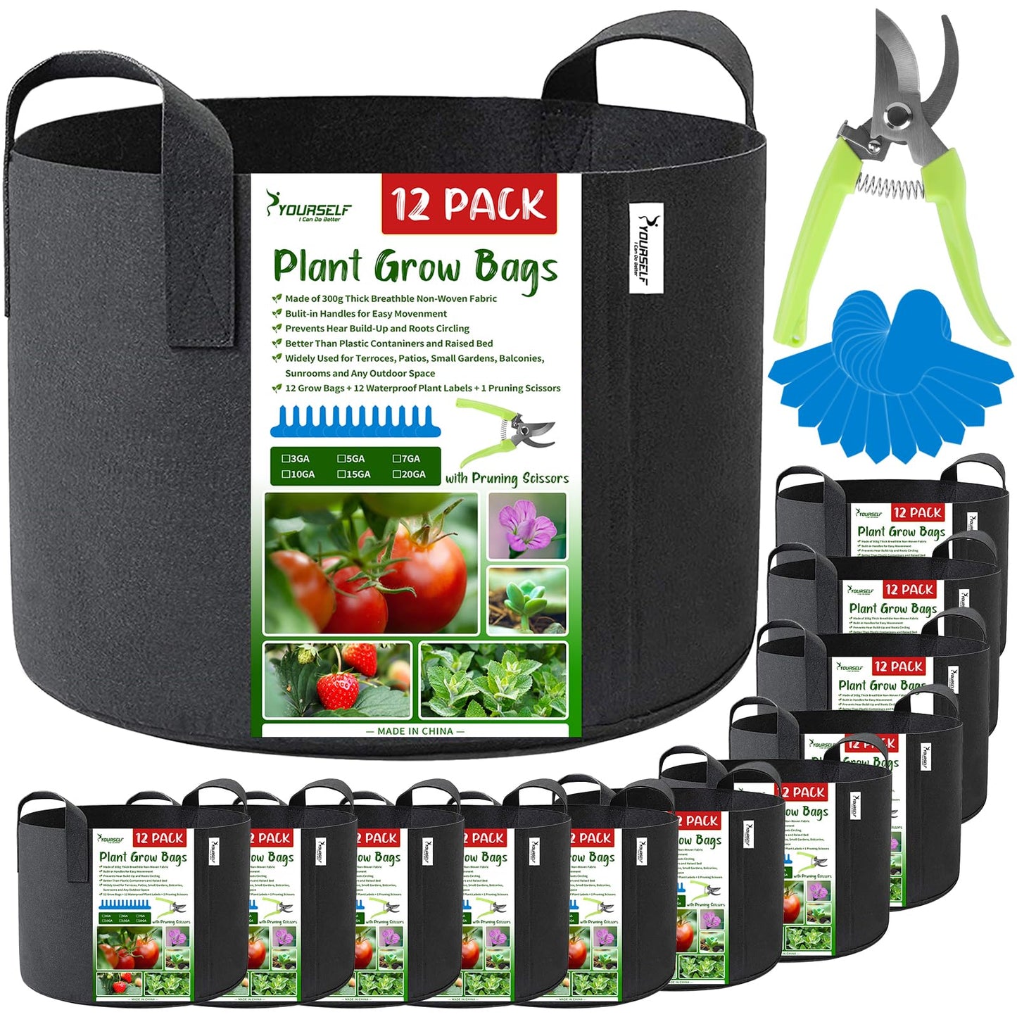 SYOURSELF Grow Bags 12 Pack 15 Gallon Grow Bags,300G Thickened Nonwoven Fabric Pots with Handles Potato Grow Bags Garden Bags for Vegetable Flower Garlic (12 Plant Lables+1 Pruning Scissors Included)