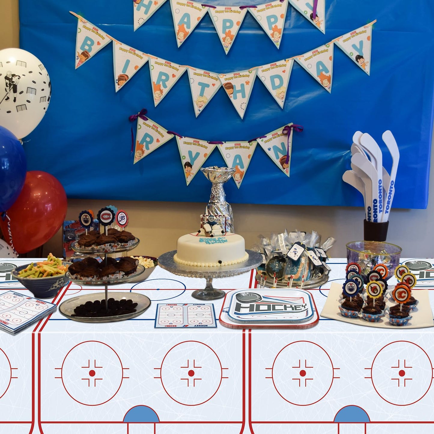 Hockey Birthday Decorations - Ice Hockey Tableware Pack, Disposable Hockey Theme Plates, Napkins, Tablecloth for Kids Fans Sports Hockey Birthday Party Supplies, Serve 40