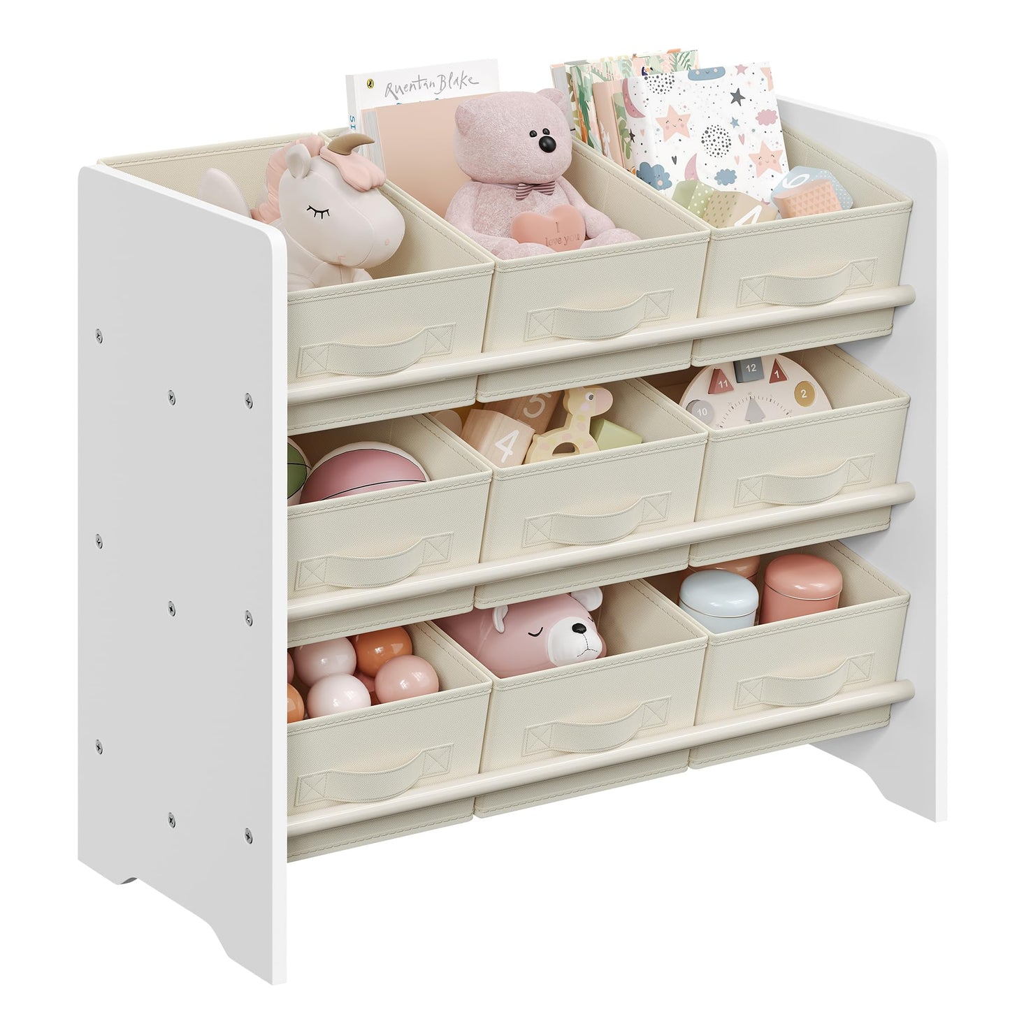 SONGMICS Toy Organizer, Kid Toy Shelf with 9 Non-Woven Fabric Boxes, for Children's Room and Playroom, Spacious, 11.6 x 24.6 x 23.6 Inches, Cloud White UGKR033W10