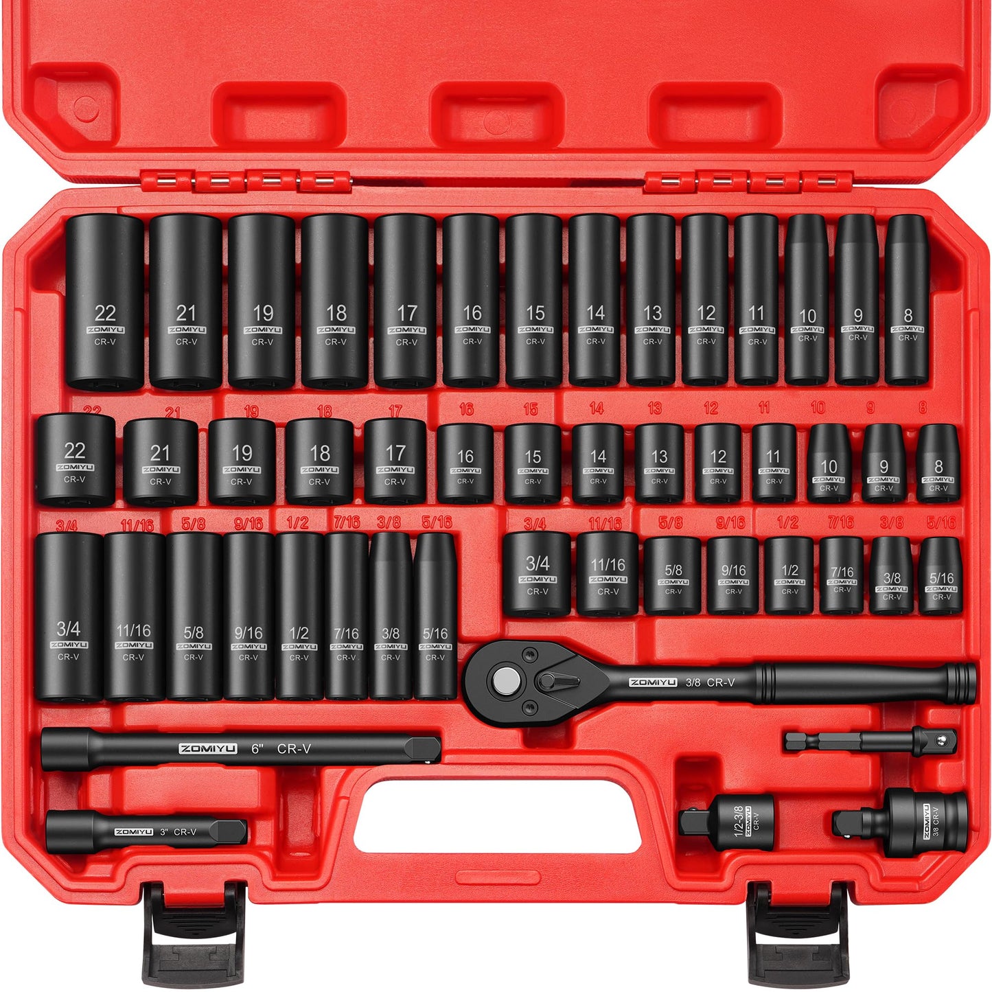 ZOMIYU 3/8" Drive Socket Set, SAE & Metric(5/16"-3/4"&8-22mm),6 Point Deep & Shallow Impact Socket Set,72-Teeth Ratchet Wrench,Extension Bars,Universal Joint,Adapter & 1/2" F to 3/8" M Reducer-50 PCS