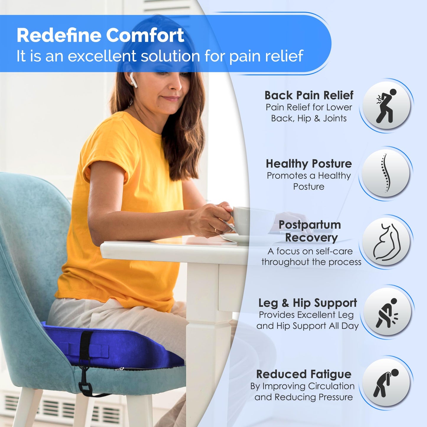 lifelong trusted deal Gel Seat Cushion – Navy Blue Flannel Pillow with Velvet Removable Cover – Ergonomic Sponge Support for Office with Adjustable Strap