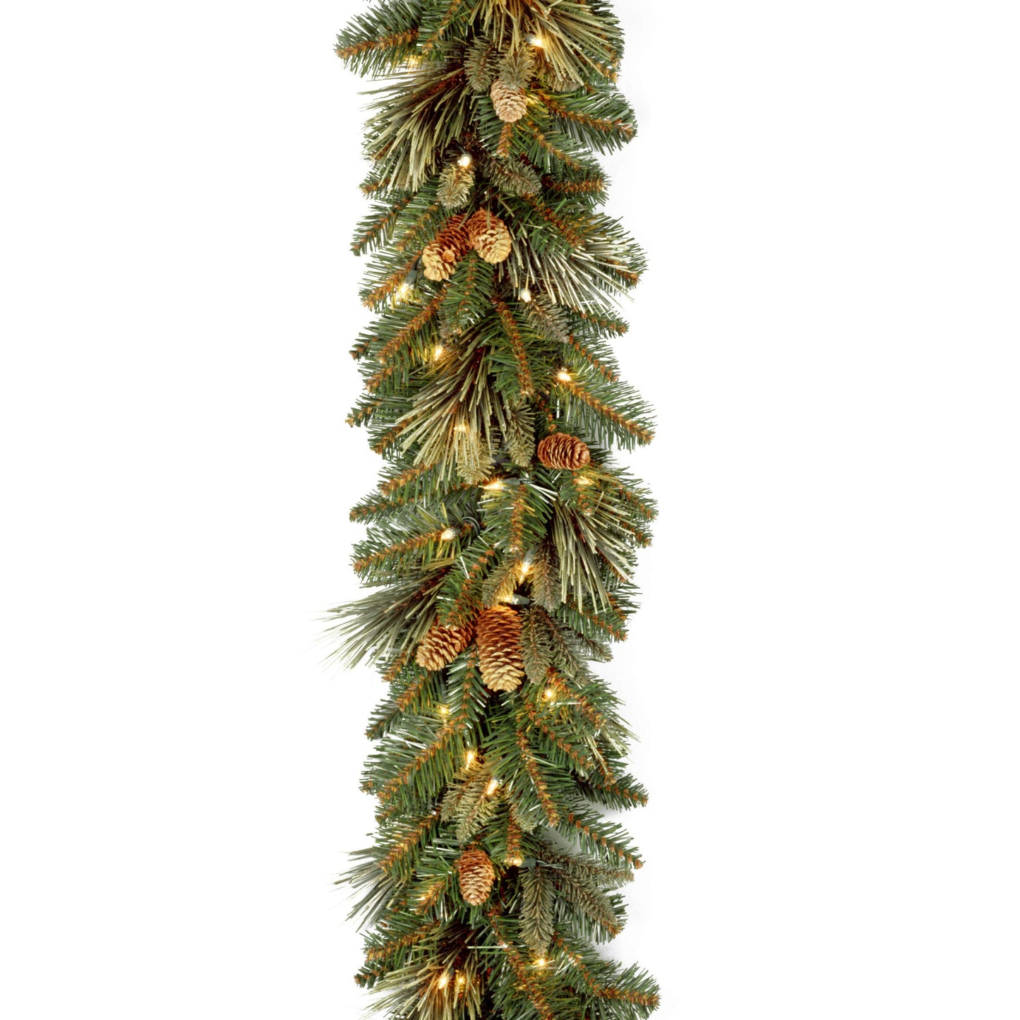 National Tree Company 9 ft Pre-Lit Carolina Pine Artificial Christmas Garland, Christmas Decoration with Pinecones, 100 Clear LED Lights, 240 Tips, Timer, Green