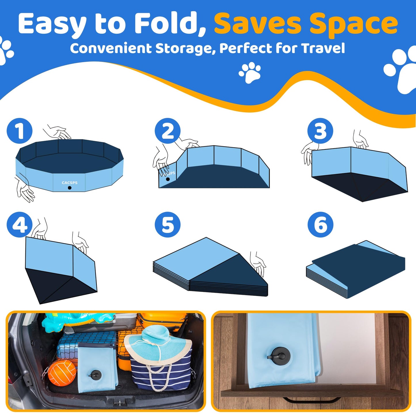 CACSPS 55" x 12" Foldable Dog Pool - Collapsible Hard Plastic Kiddie Pool for Dogs & Kids, Non-Slip Pet Bath Tub for Outdoor Backyard Use, Lightweight & Portable (Blue)