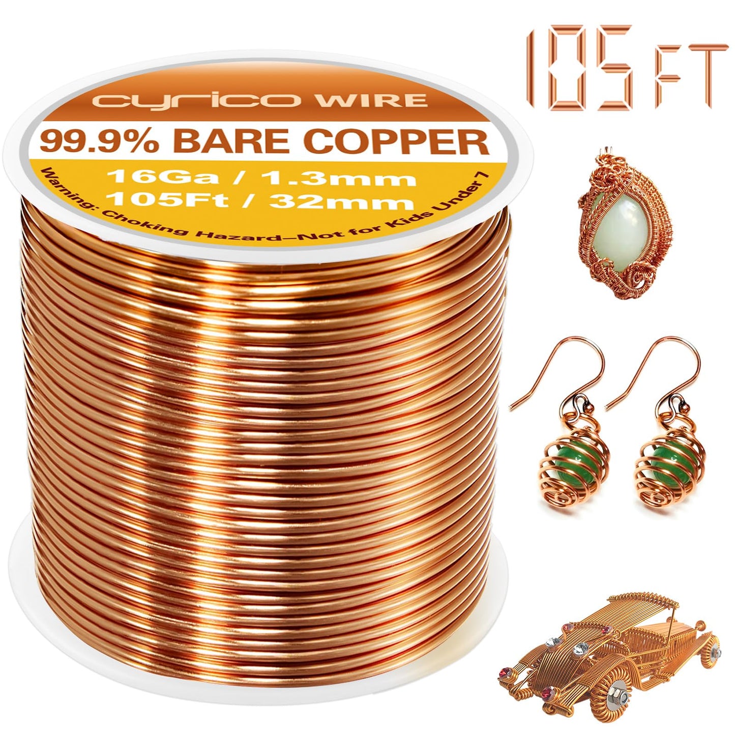 99.9% Pure Copper Wire, 16 Gauge 105 Feet Solid Bare Copper Wire for Jewelry Making Crafts, Electroculture Gardening Antenna, Cyrico Bendable Soft for Plants
