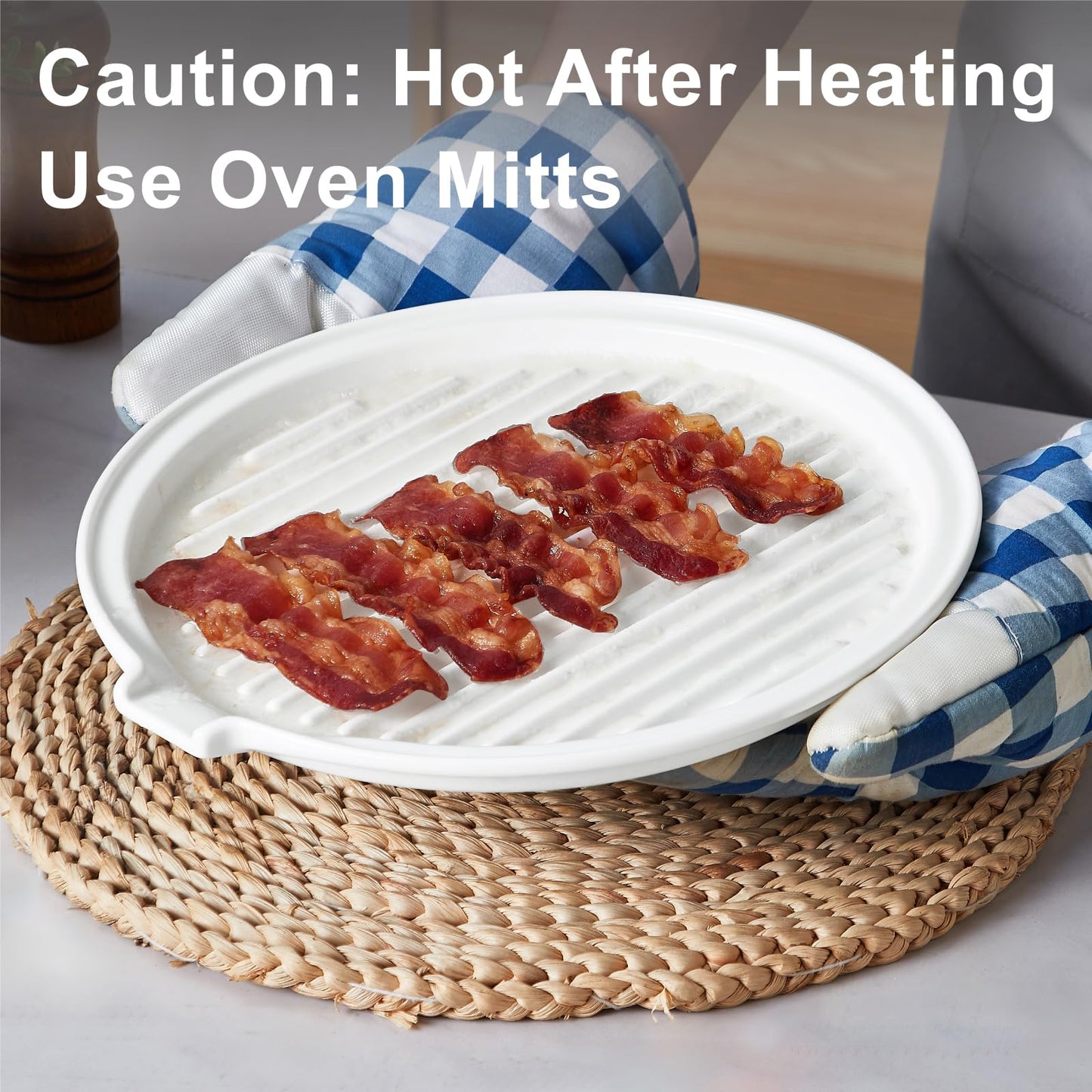 ONEMORE Microwave Bacon Tray with Lid Ceramic Bacon Cooker Meat Rack for Oven Cooking Crispy Bacon Maker with Cover - 10.5 inch Round Bacon Dish Plate, White
