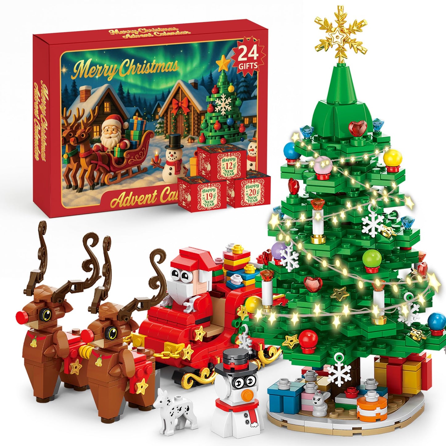 Christmas Tree Advent Calendar 2025, 24 Day Countdown Building Blocks Set with Santa Sleigh Reindeer, Xmas Holiday Decorations Gift for Kids Teen Girls Boys