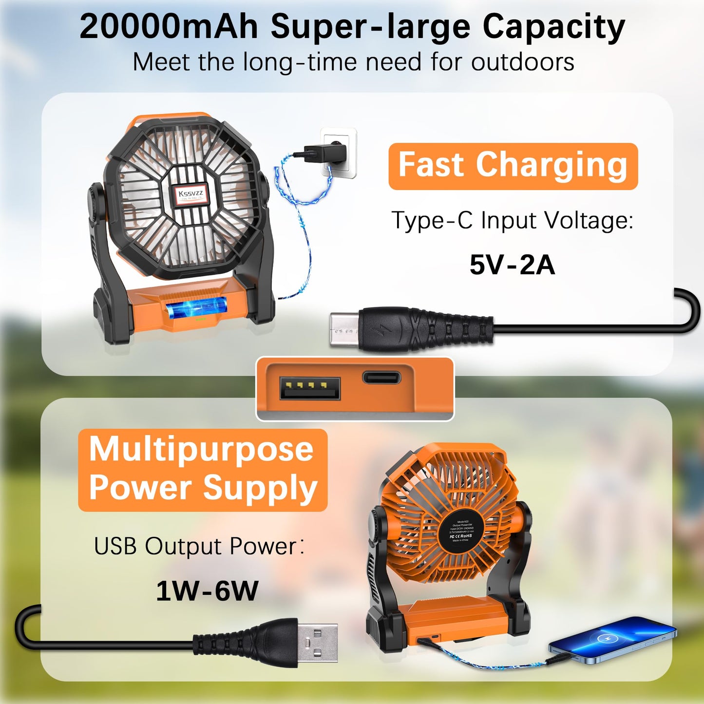 Kssvzz Portable Camping Fan with LED, 20000mAh Rechargeable Battery Powered Fan, 270°Pivot Personal USB Fan, 4 Speed Quiet Table Fan, 9’’ Battery Operated Tent Fan for Travel, Picnic(Orange)