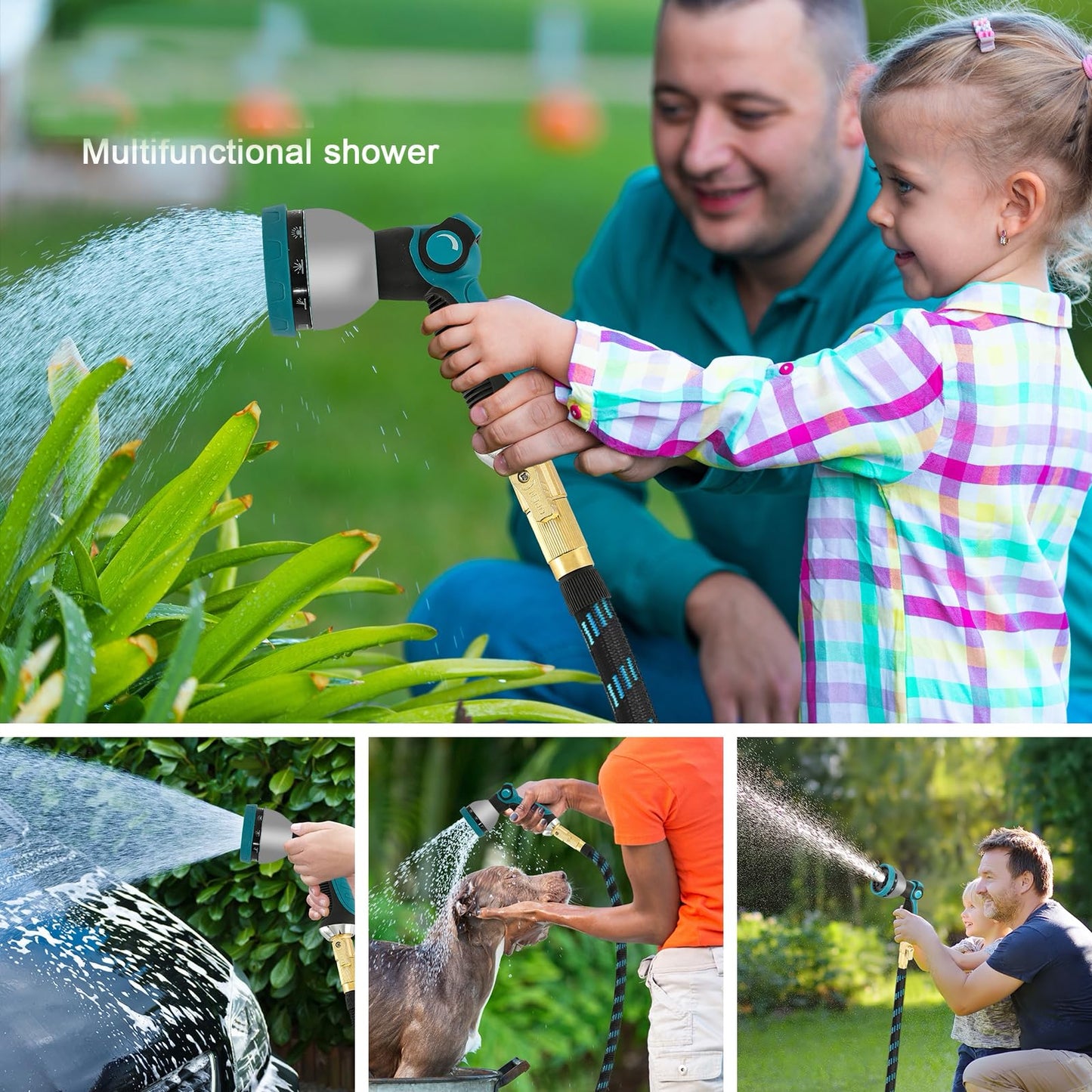 Expandable Garden Hose 100ft Flexible Water Hose, 10 Function Sprayer Nozzle, 3/4 Inch Solid Metal Fittings Lawn Yard Garden Outdoor Hose (100ft, Black and Blue)