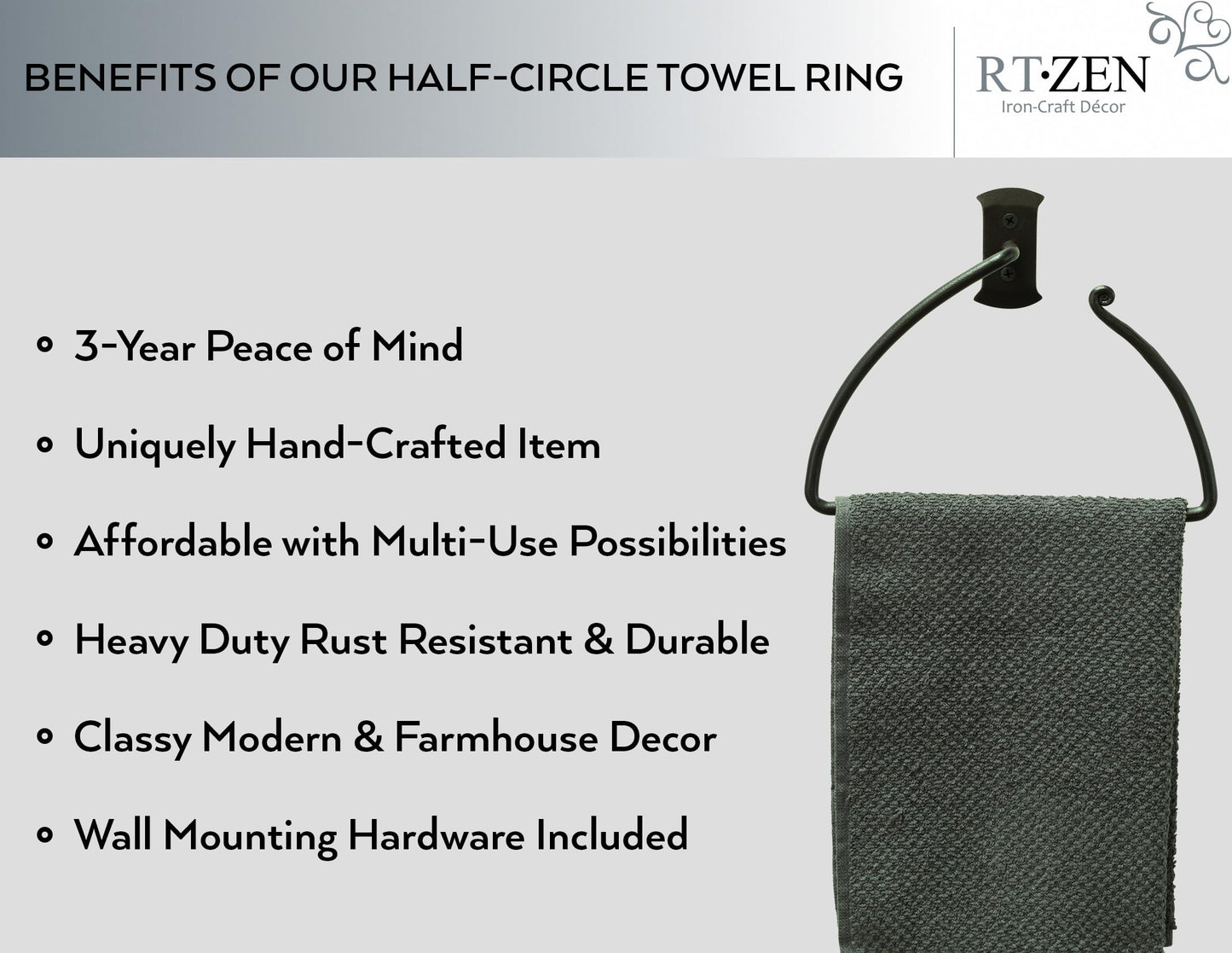 RTZEN Matte Black Hand Towel Ring - Wrought Iron Product for Bathroom - Decorative Hand Towel Holder for Kitchen - Farmhouse Home Decor Accessories