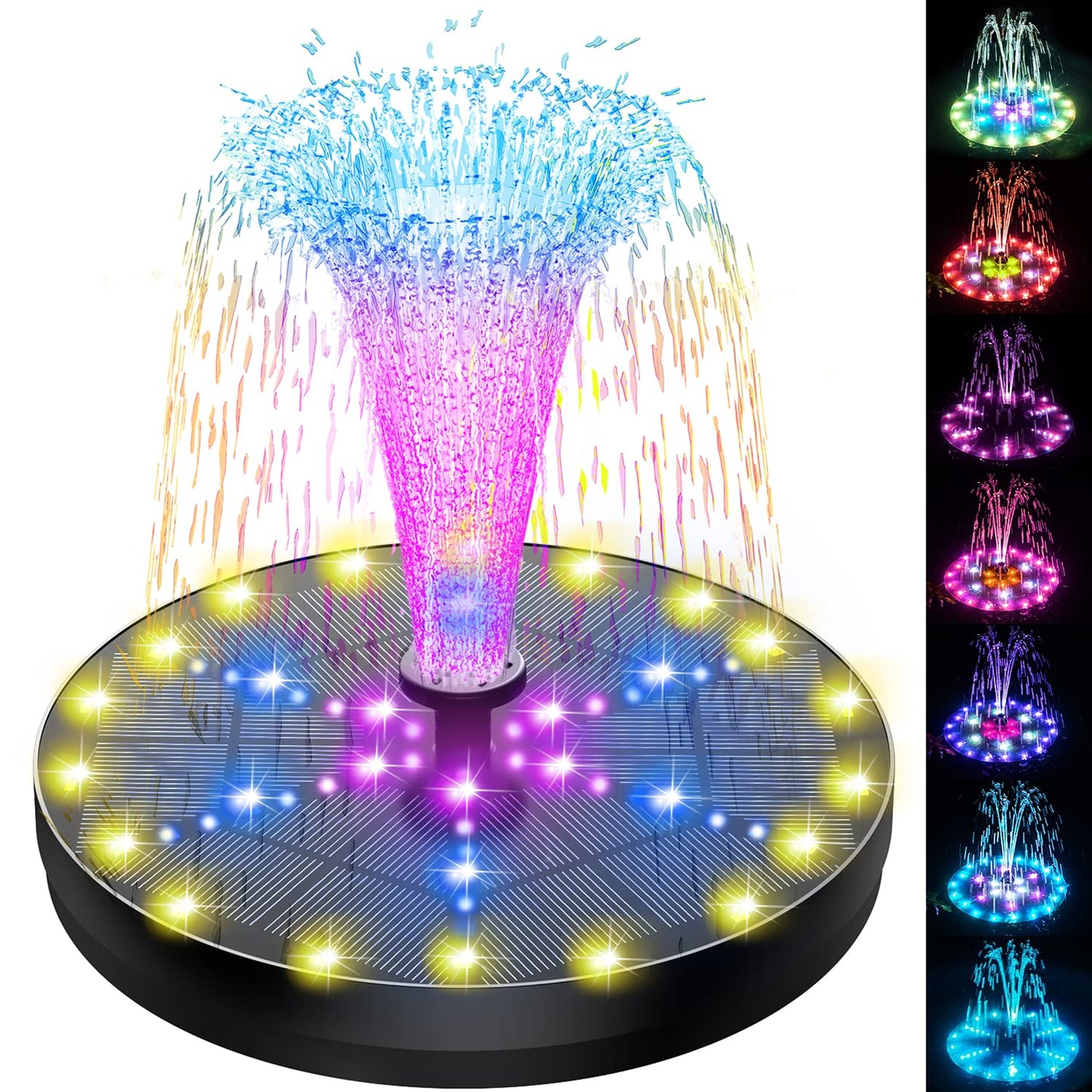 SZMP Solar Fountain 4W Bird Bath Fountains Upgraded 60LED Colorful Lights, Solar Powered Fountain Pump with 4000 Battery, Solar Water Fountain with 7 Nozzle & 4 Fixer for Garden, Bird Bath, Pool, Pond