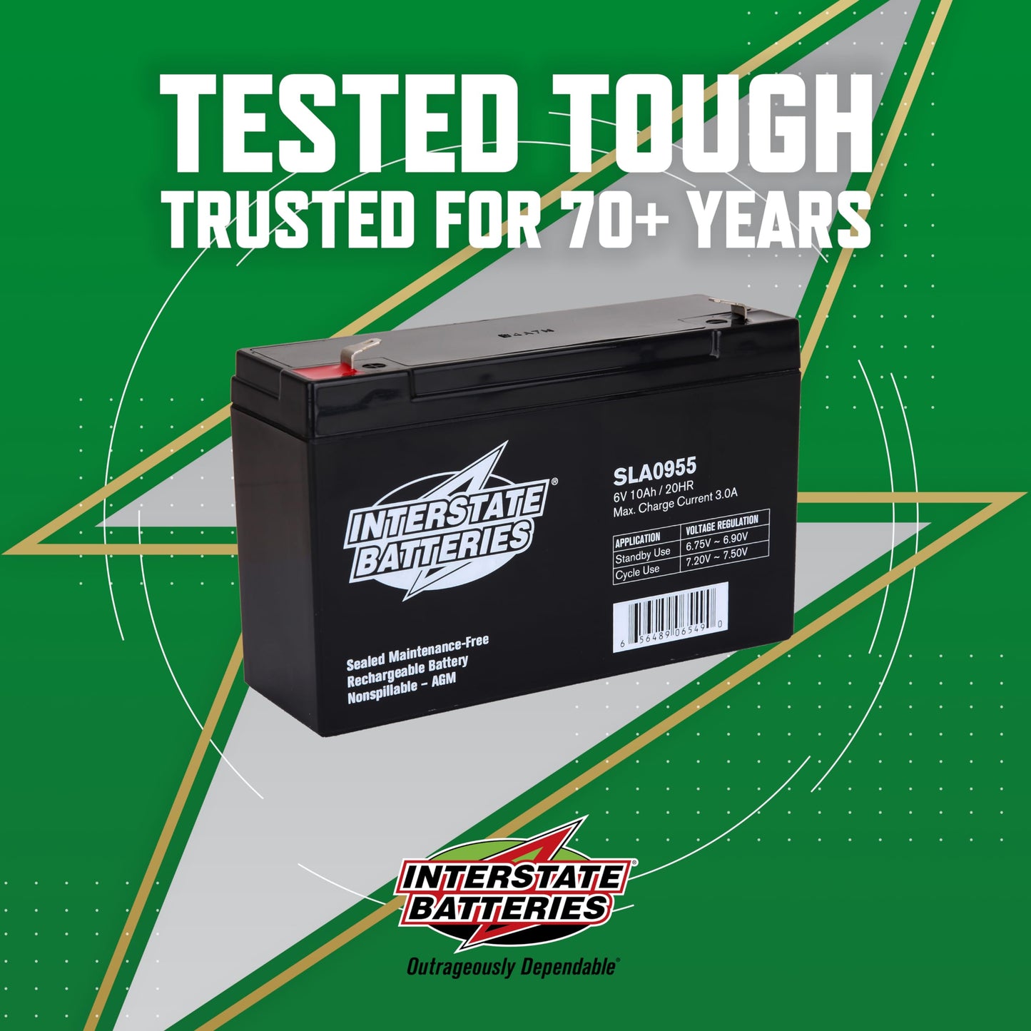 Interstate Batteries 6V 10AH SLA/AGM battery - .187 Faston spade terminal (SLA0955)