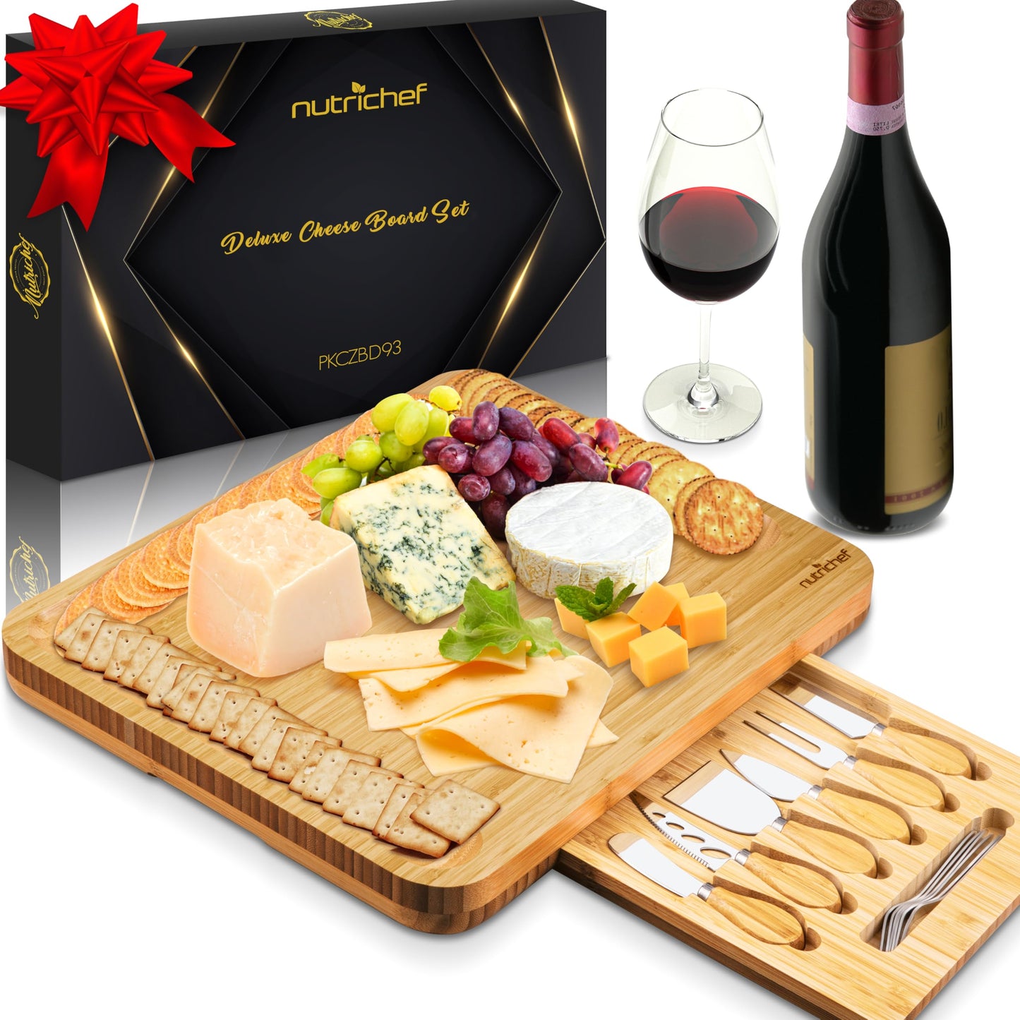 NutriChef Bamboo Cheese Board, Large Charcuterie Board Set with 6 Knives & 6 Forks, 100% Organic Wood Gift Set for Wedding, Birthday, Anniversary, House Warming Gifts New Home