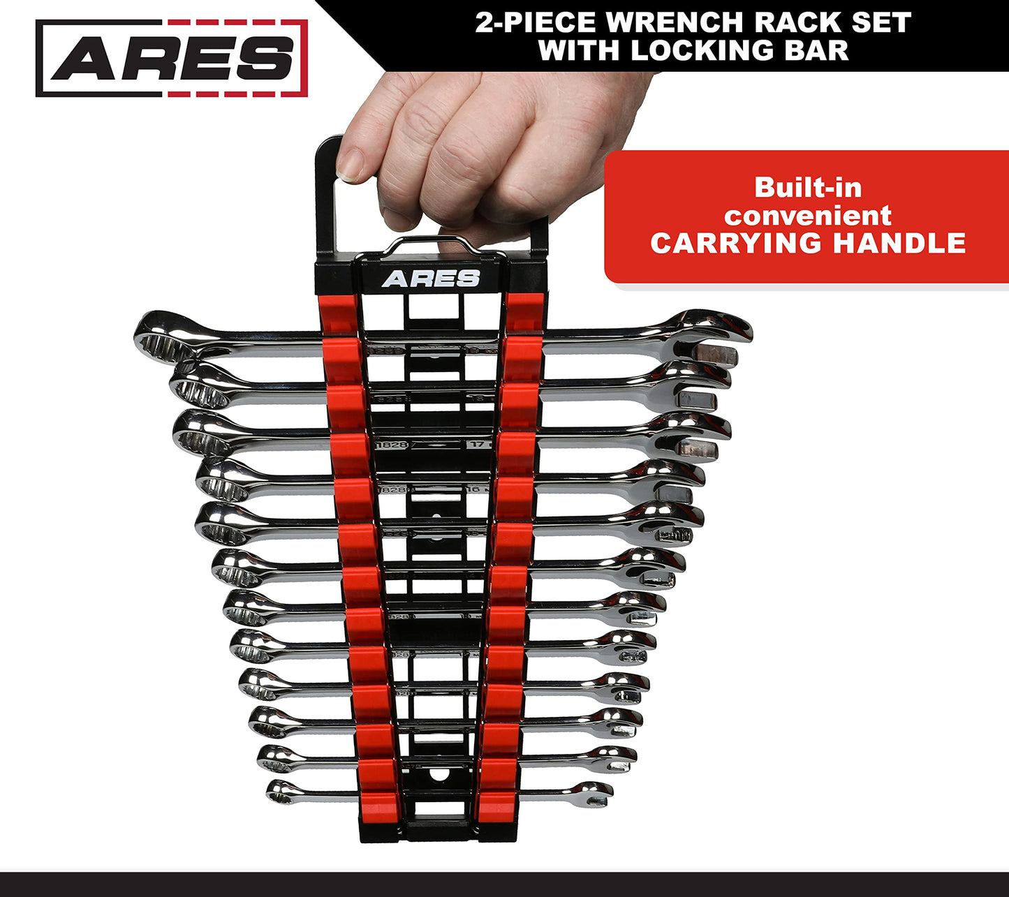 ARES 62043 – 2-Piece Wrench Rack Set with Locking Bar - SAE Rack Holds 1/4-Inch to 1-Inch Sizes - Metric Holds 6 to 25mm Sizes – Locking Metal Clip Secures Wrenches