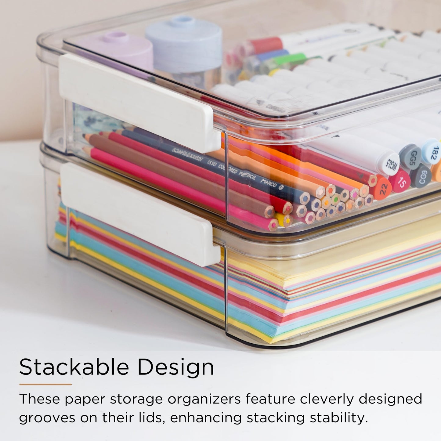 Citylife 2 Packs Clear Plastic Storage Boxes with Lids Stackable Storage Containers with Latches Portable Project Case Clear File Box for Organizing Documents, A4 Paper, Art Supplies and Crafts