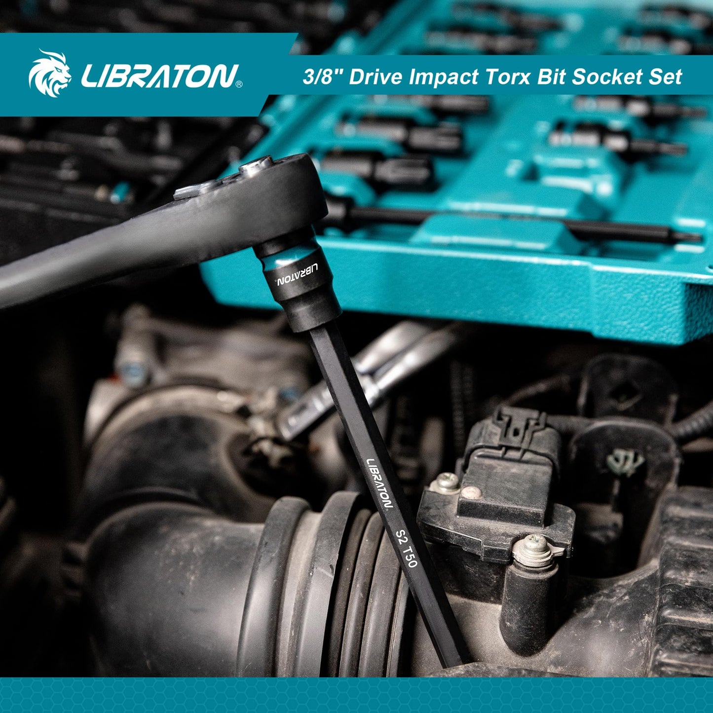 LIBRATON 3/8" Drive Impact Torx Bit Socket Set, Extra Long Torx Socket, S2 Alloy Steel Star Bit Sockets, 24PCS Torx Bit Set, Impact Torx Bit Set, T10-T60, 2in&6in Long Torx Bit Set, Blow Molded Box