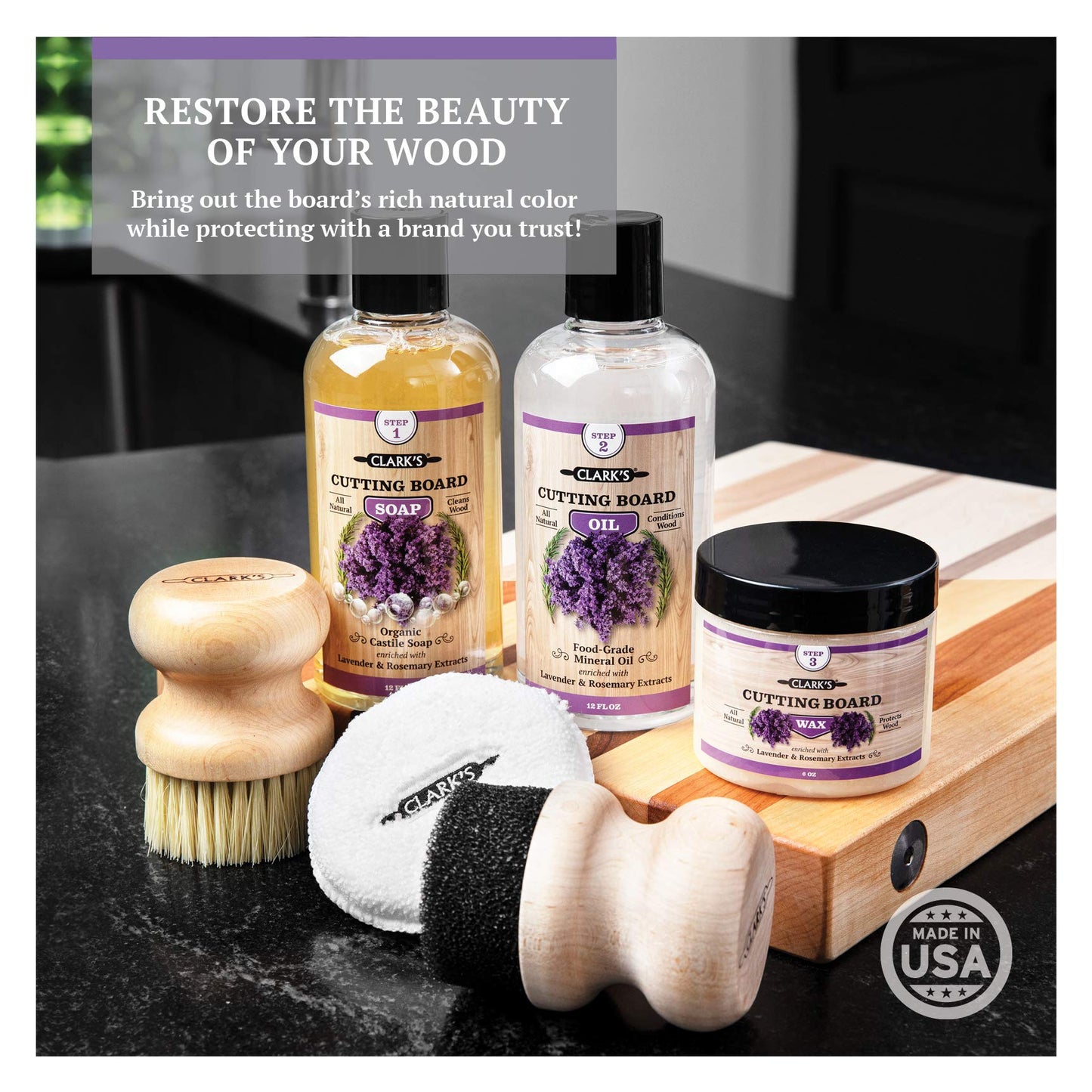 CLARK'S Complete Cutting Board Care Kit - Board Oil - Soap - Wax Finish (6oz) - Wax Applicator Pad - Applicator - Scrub Brush - Finishing Pad - Lavender and Rosemary Scented - Cutting Board Kit