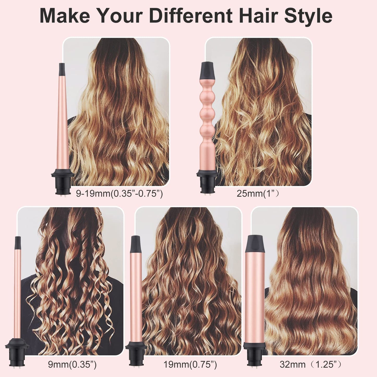 5 in 1 Curling Wand Iron Set - EMOCCI PRO Instant Heat Long lasting Hair Waver Iron Straightener and Curler 2 in 1 with 5 Interchangeable Ceramic Tourmaline Barrels for All Curly and Wavy Hairstyle