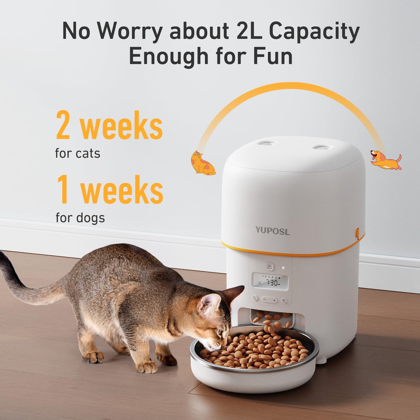 Yuposl Automatic Cat Feeder - 2L Cat Food Dispenser with Over 180-day Battery Life, Anti-Jam Design, 1-6 Meals Per Day with Stainless Steel Cat Bowl, Keep Cat Dry Food Fresh, Also for Small Dog