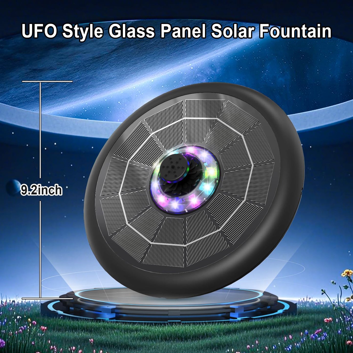 GAIZERL Solar Fountain UFO Style, 2026 Upgrade 5W Glass Solar Panel Bird Bath Fountain with LED Lights, 4000mAh Backup Battery, 7 Nozzles for for Garden, Pond, Pool, Patio Outdoor Water Feature