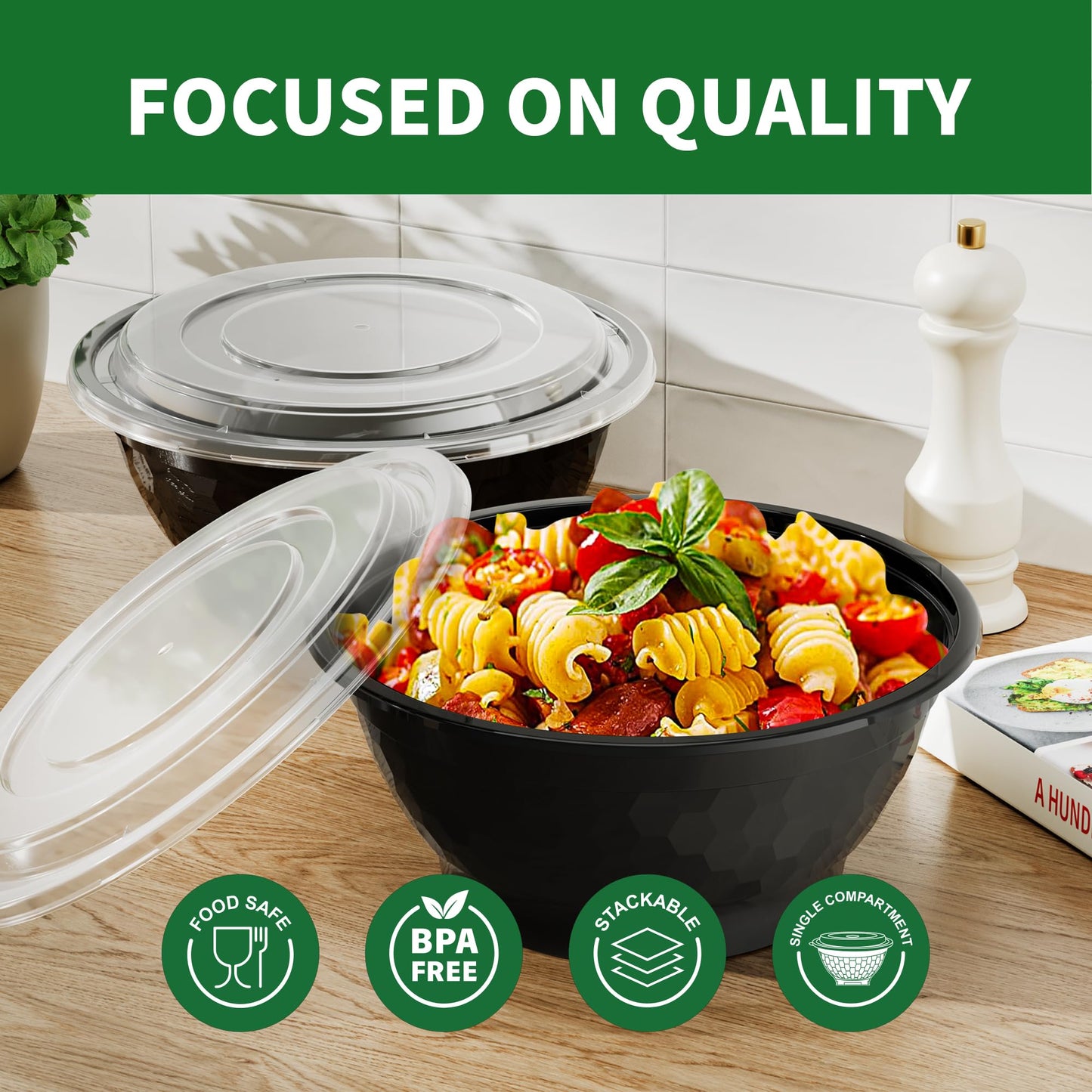 Apsic Meal Prep Bowls Containers, 50 Sets 42oz (100-Piece) Plastic Bowls with Lids for Soup Salad, Disposable To Go Food Storage Container, Round Lunch Box, BPA Free, Microwave/Dishwasher/Freezer Safe