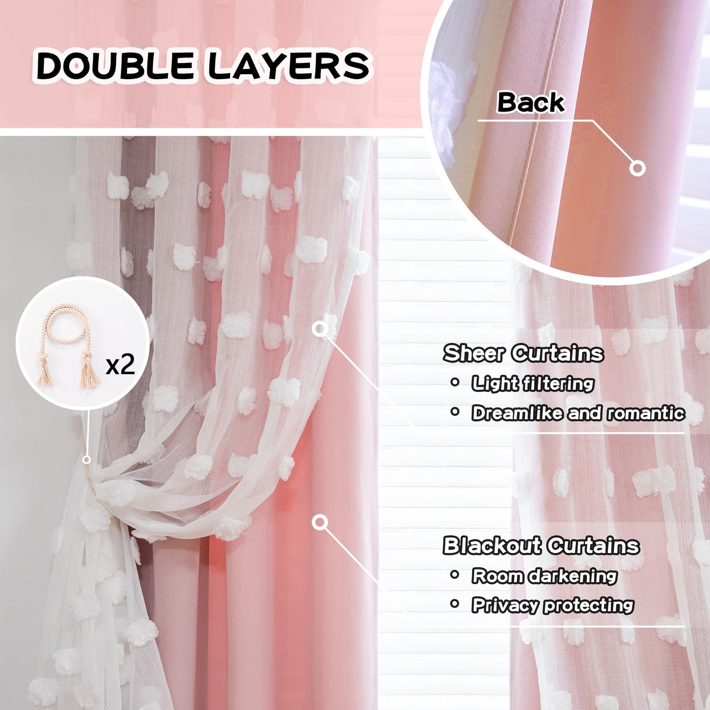 MYSKY HOME Light Blocking Pink Curtains White Sheer Pom Pom Kids Room Decor Drapes for Living Room 95 Inches Long Double Layer Curtains for Sliding Door Grommet Window Panels Set of 2, 52" x 95"
