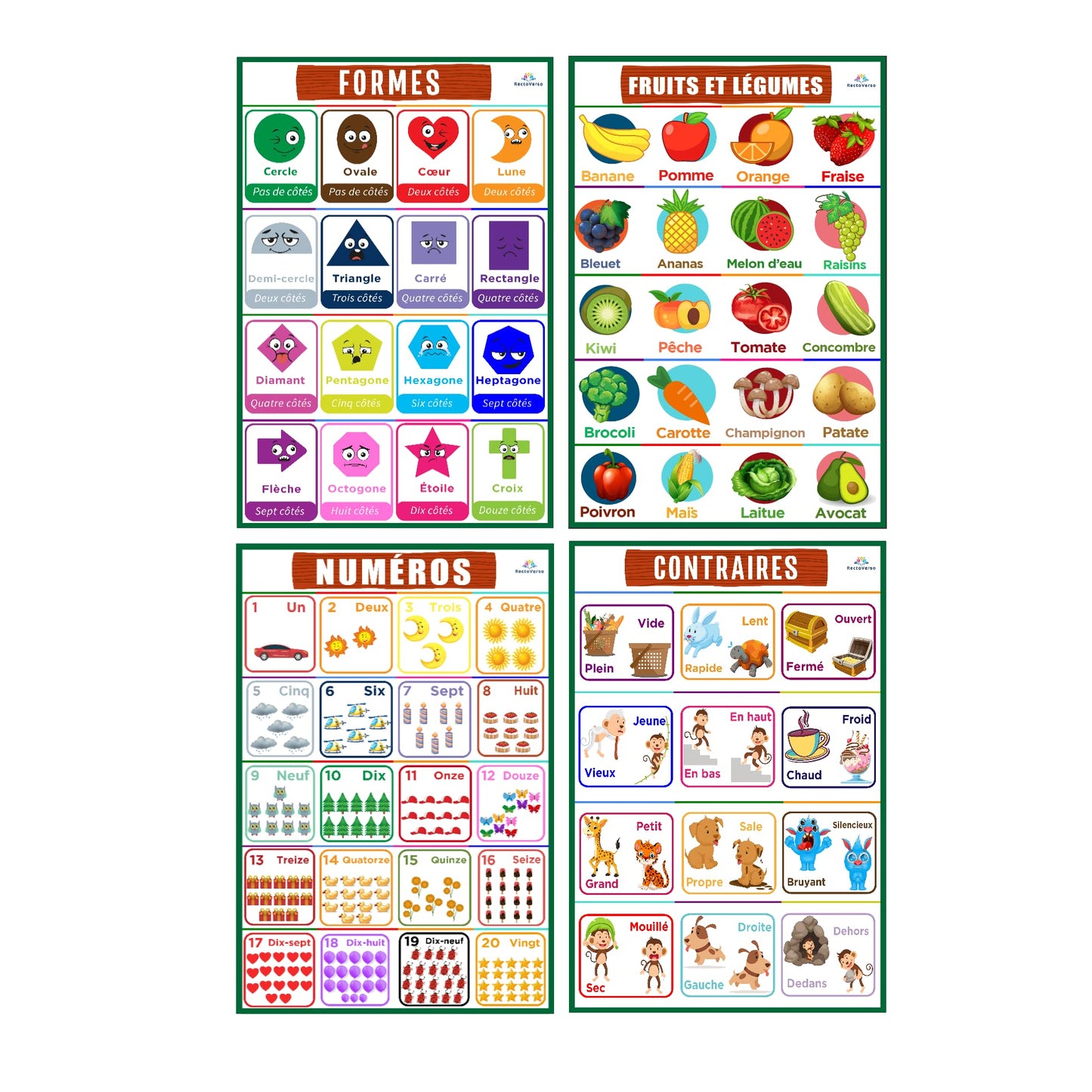 Recto Verso | 18 [36 total] English/French Double-Sided Bilingual Educational Preschool Posters for Toddlers & Kids Kindergarten Classroom Homeschool Learning Tool | Alphabet, Numbers & more