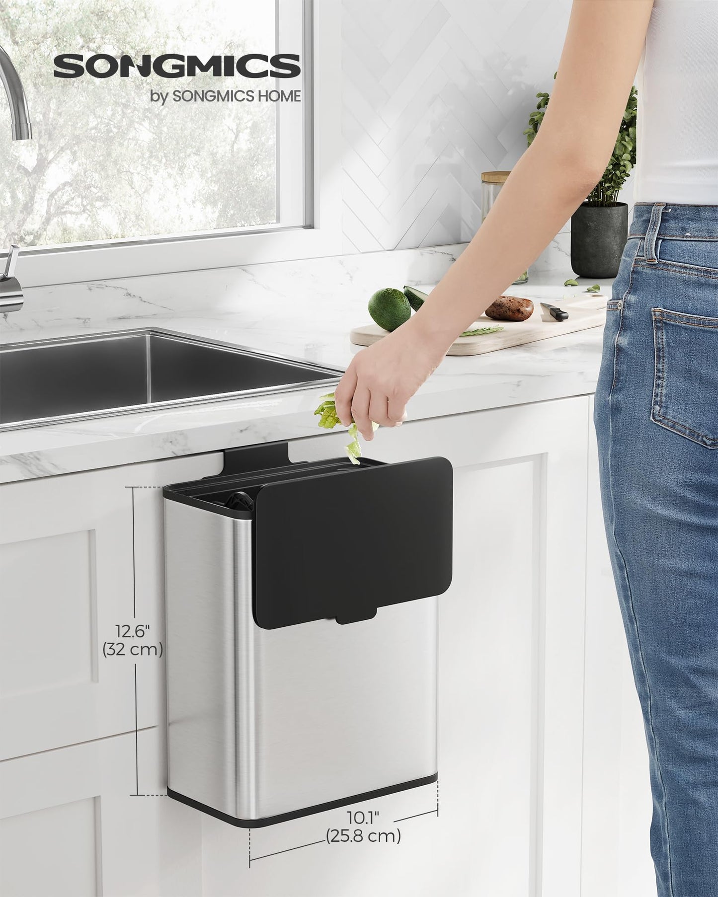 SONGMICS Hanging Trash Can, 2.1-Gallon (8 L) Kitchen Garbage Can with Lid, Cabinet Door Hanging or Wall-Mounted with Hooks, for Under Sink, Bathrooms, Metallic Silver ULTB810E08