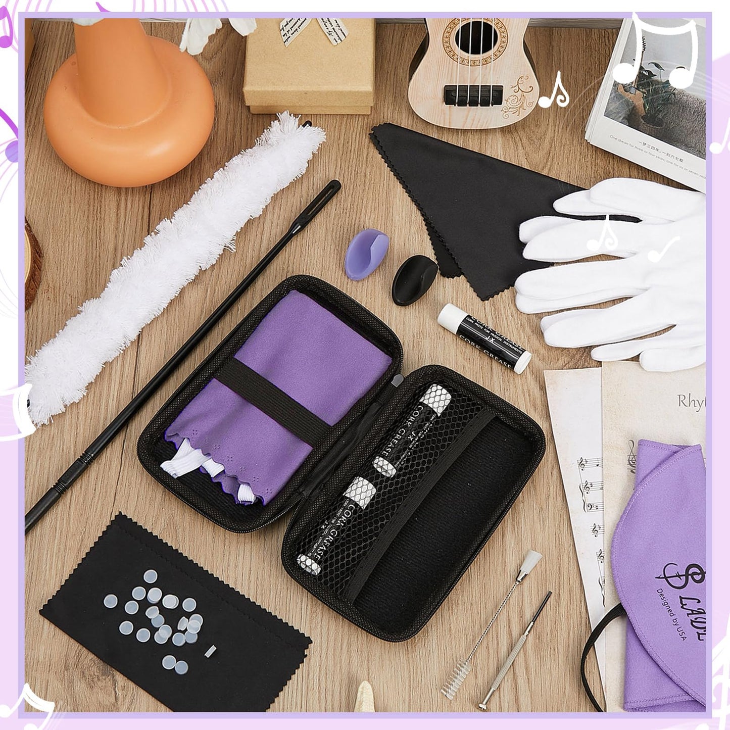 Vesici 40 Pcs Flute Cleaning Accessories All in 1 Flute Cleaner Maintenance Kit Care Kit with Brush Cleaning Rod Swab Plugs Thumb Rest Cushion(Purple)