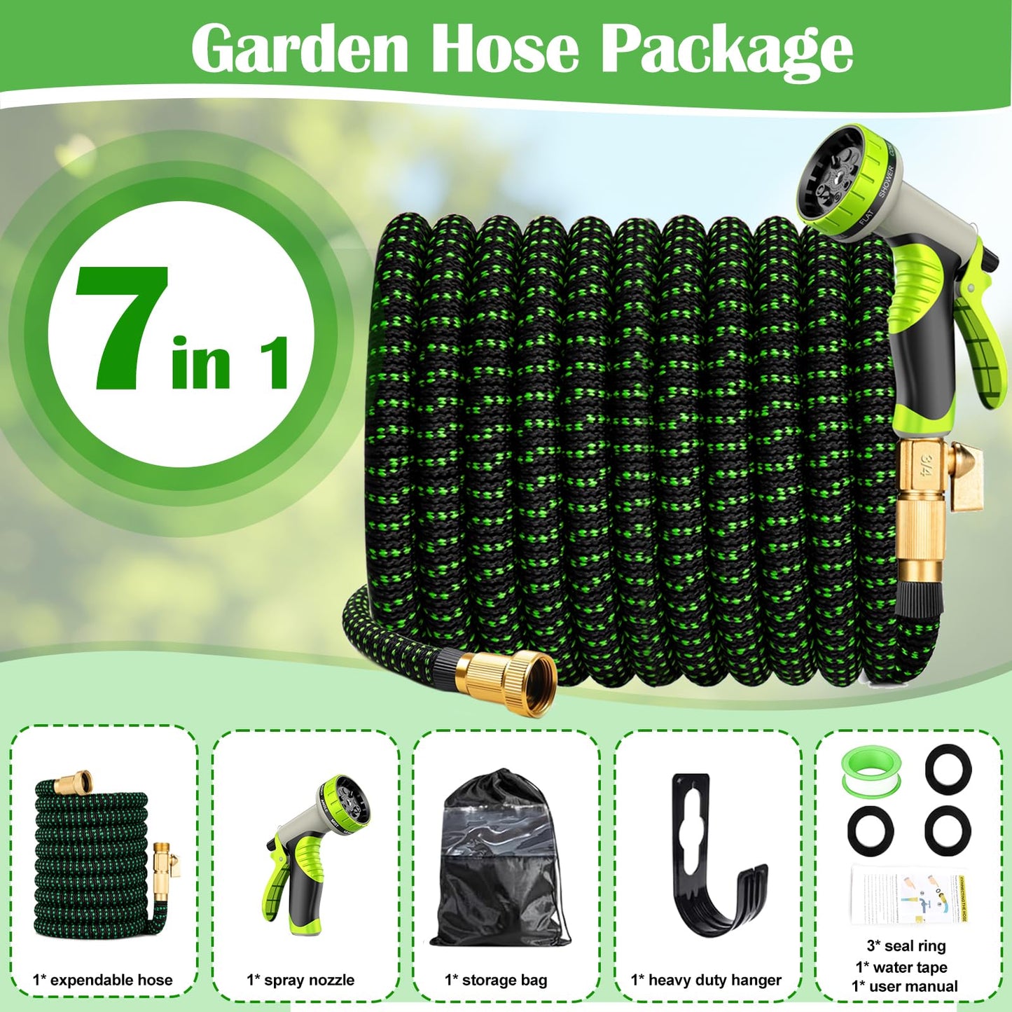 Expandable Garden Hose 100ft Water Hose with 10 Function Nozzle Flexible Expending Hose Kink Free,3-Layers Latex,3/4 Solid Solid Fittings Retractable Collapsible Gardening Hose Pipe with Hook Green