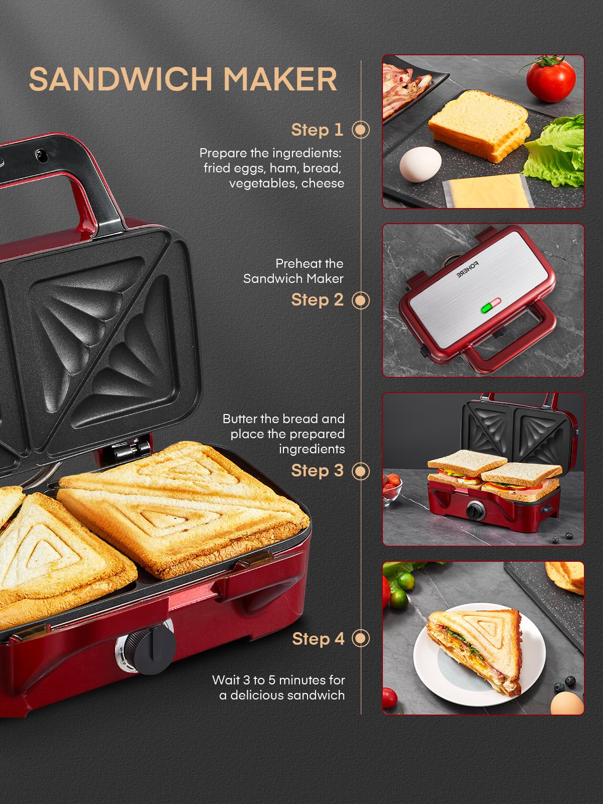 FOHERE 3-in-1 Waffle Maker, Sandwich Maker, Panini Press with Removable Plates, 5-Gear Temperature, LED Indicator Lights, Portable Handle, 1200W Belgian Electric Grill Cheese Machine (Red)