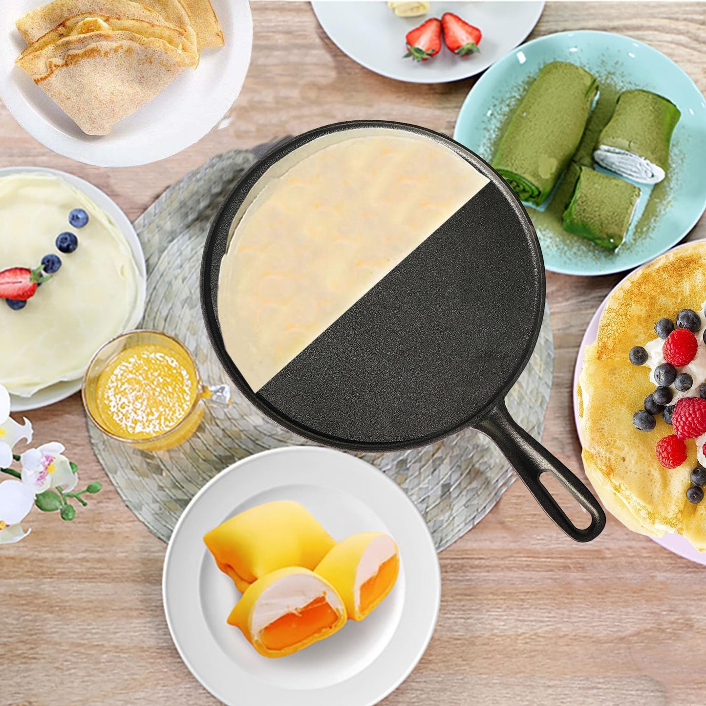 La Cuisine Crepe Tawa Pan for Roti Dosa Comale – Griddle Pizza Pan Pre-Seasoned Cast Iron, 11 Inch Diameter, PFOA Free, Oven Safe, Glasstop Induction Stove