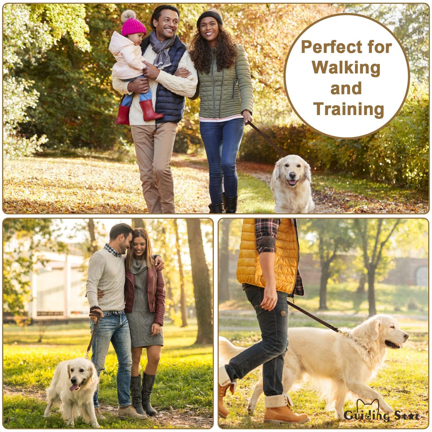 Guiding Star Brown 10ft Braided Leather Dog Training Leash with Copper Hook, Heavy Duty Dog Leash for Large, Medium and Small Dogs, Two Sizes for Your Choice (L)