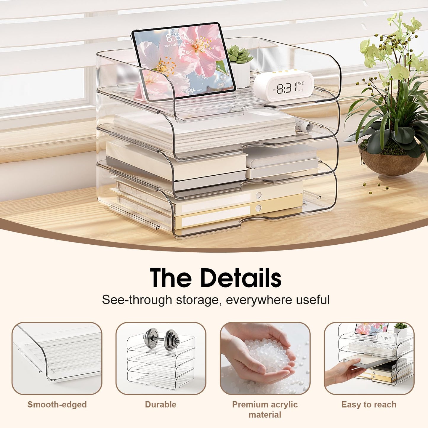 File Organizer Large-Capacity Desk Organizer, Clear Stackable & Acrylic Paper Tray Transparent Paper Organizer Easy Access for Home Office & School