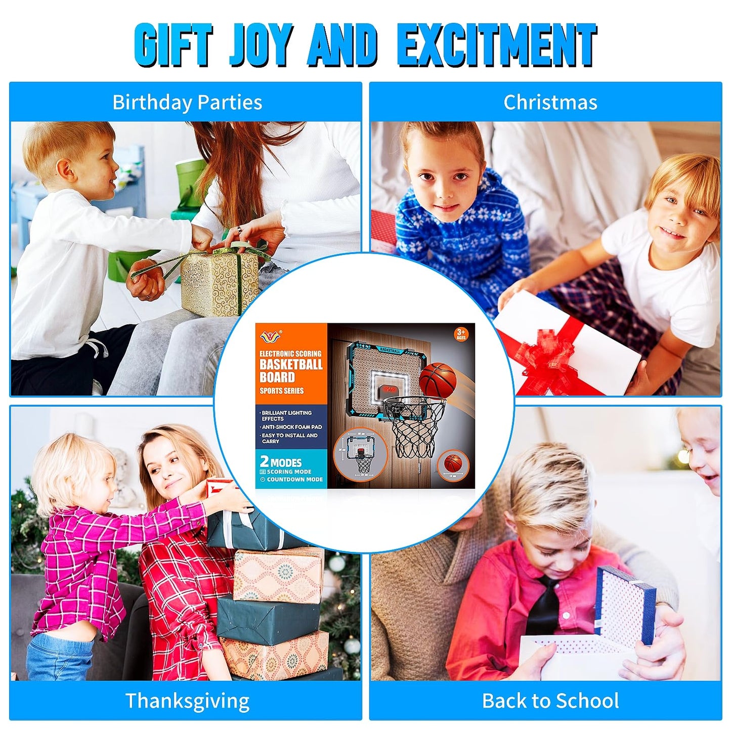 BATURU Indoor Mini Basketball Hoop with Interactive LED Lighting & Electronic Scoreboard, Over The Door Basket Ball Hoops with 3 Balls and Pump, Sports Toys Gifts for Boys 5-12 Kids, Teens