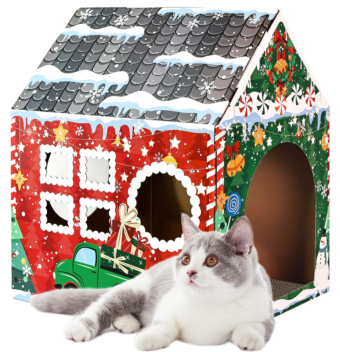 MUNILAIL Christmas Cardboard Cat House with Scratcher - 16.5" x 13" x 19" Cat Scratcher House for Indoor Cats