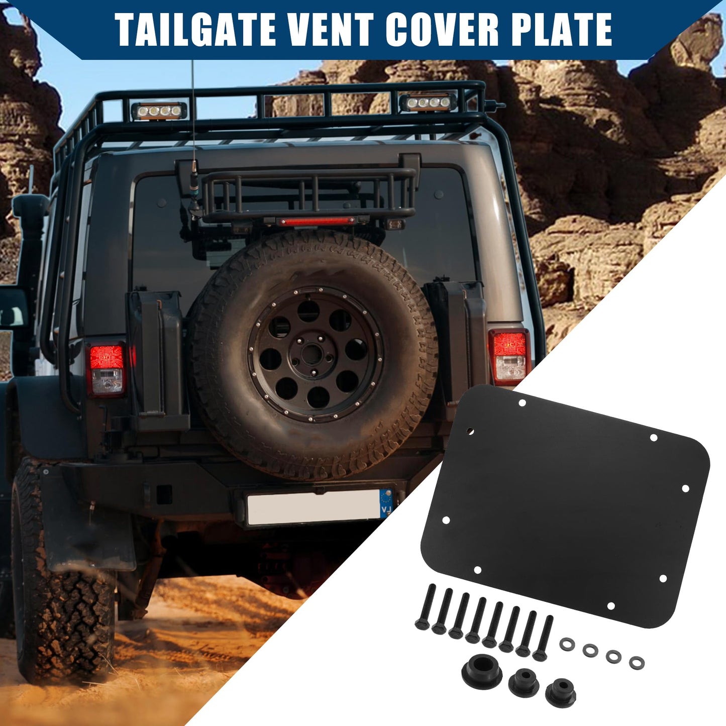 Hihaha Spare Tire Carrier Delete Filler Plate with Rubber Plug Bolts for Jeep Wrangler JK 2007-2018 / Rear Tailgate Plug Vent Plate Cover/Durable / 1Pcs Black