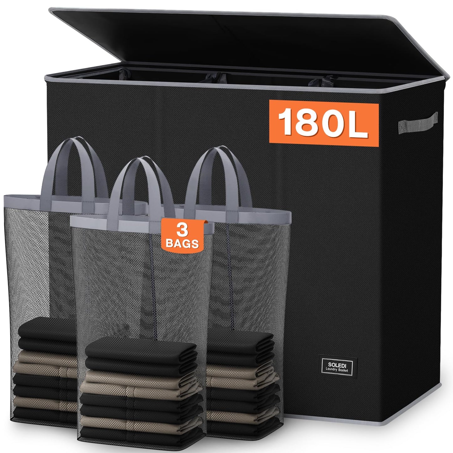 SOLEDI 180L Laundry Hamper 3 Section, Extra Large Laundry Hamper with Lid, Dirty Clothes Hamper with Sturdy Handle, Large Laundry Basket Organizer for Laundry Room, Bedroom, Hampers for Laundry-Black