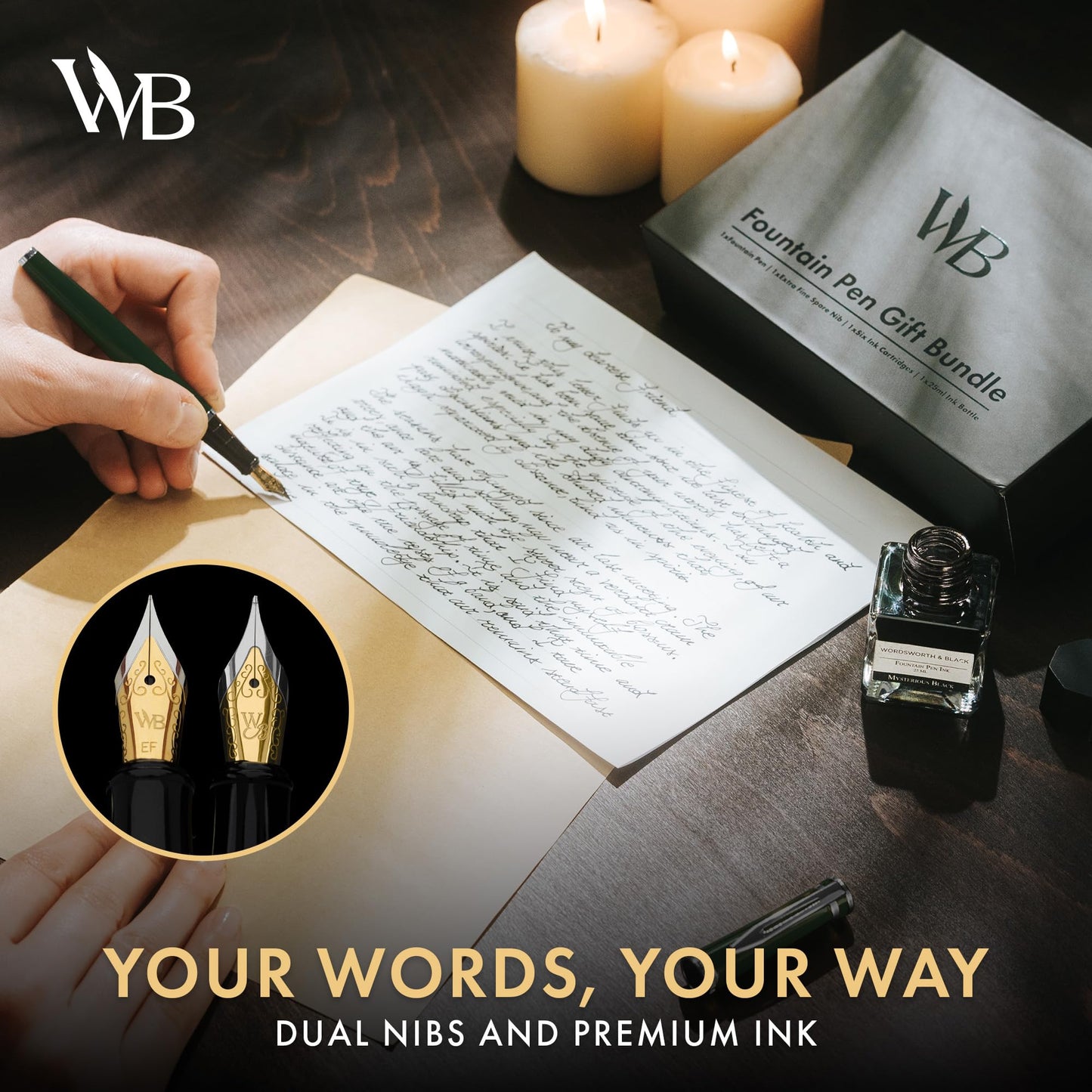 Wordsworth & Black Fountain Pen Set,18K Gilded Medium and Extra Fine Nib,25ML Black Ink Bottle,6 Ink Cartridges,Refill Converter,Gift Box,Smooth Writing Pens [Green Chrome],Gift Set for Men and Women