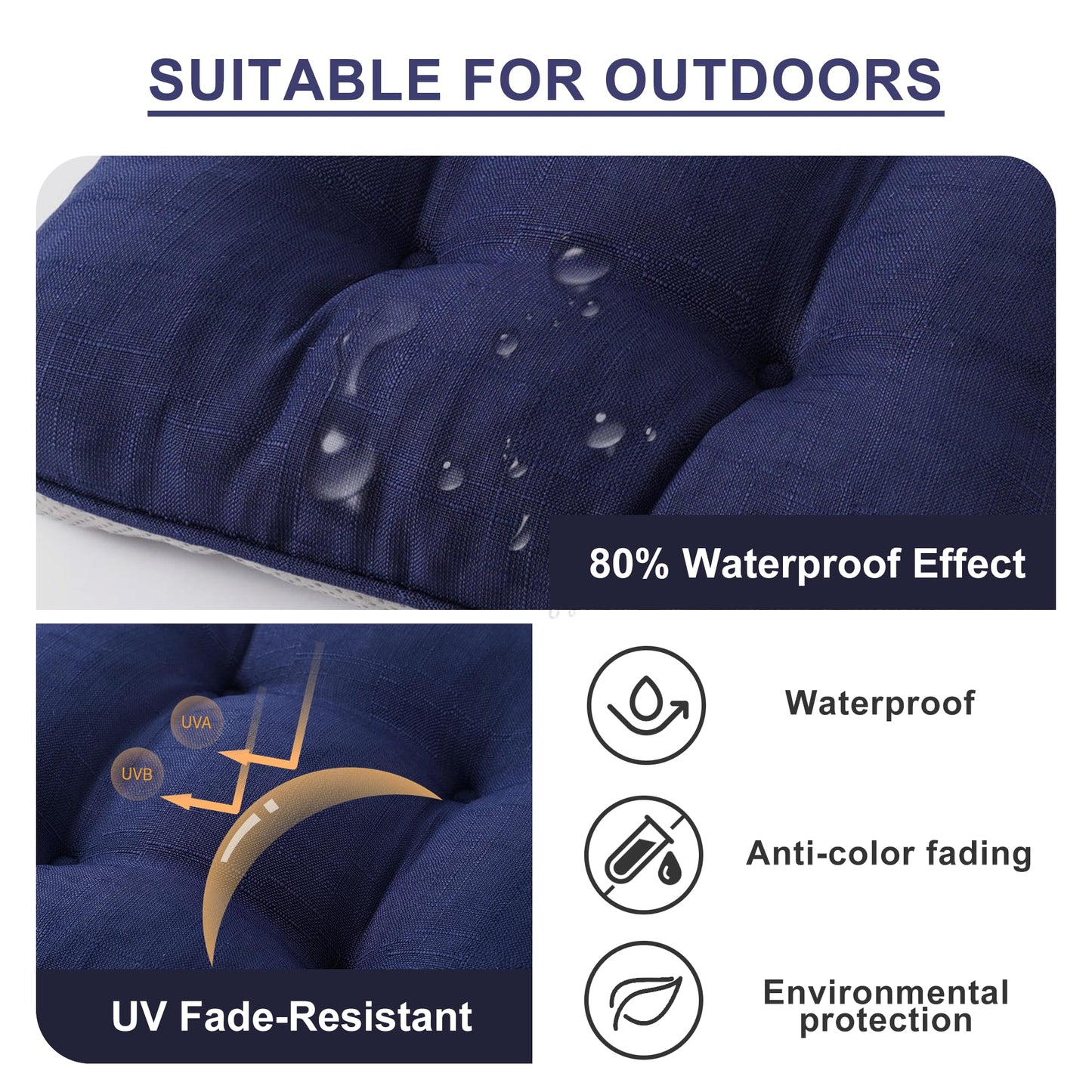Battilo Chair Cushions Set of 2 for Reading Seats, Seat Cushions for Kitchen Dining Chairs with Non-Slip Backing, Indoor/Outdoor Waterproof Chair Seat Pads with Ties, 40cm x 40cm x 10cm, Navy