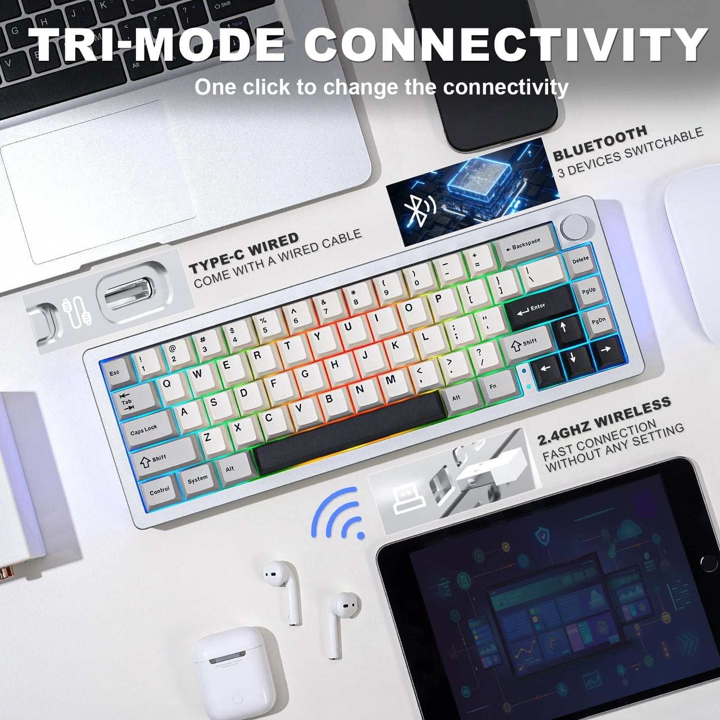YUNZII AL66 Wireless Mechanical Keyboard,65% Knob Control Aluminum Gaming Keyboard Bluetooth/2.4G/Wired Hot Swappable Pre-lubed Switches, Gasket Mounted RGB Keyboard for Win/Mac(Milk Switch, Silver)