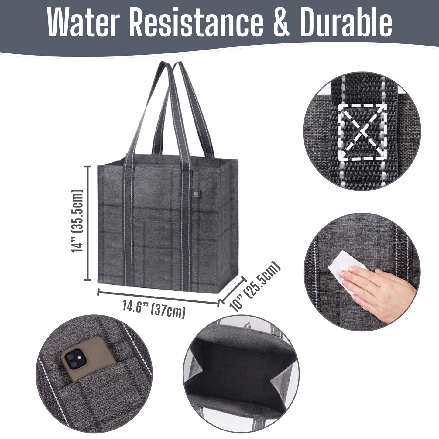 VENO Reusable Grocery Shopping Bags Foldable, Sac Reutilisable Epicerie, Grocery Tote Bags w/Hard Bottom, Multipurpose Utility Tote Bags (Windowpane, 4 Pack)