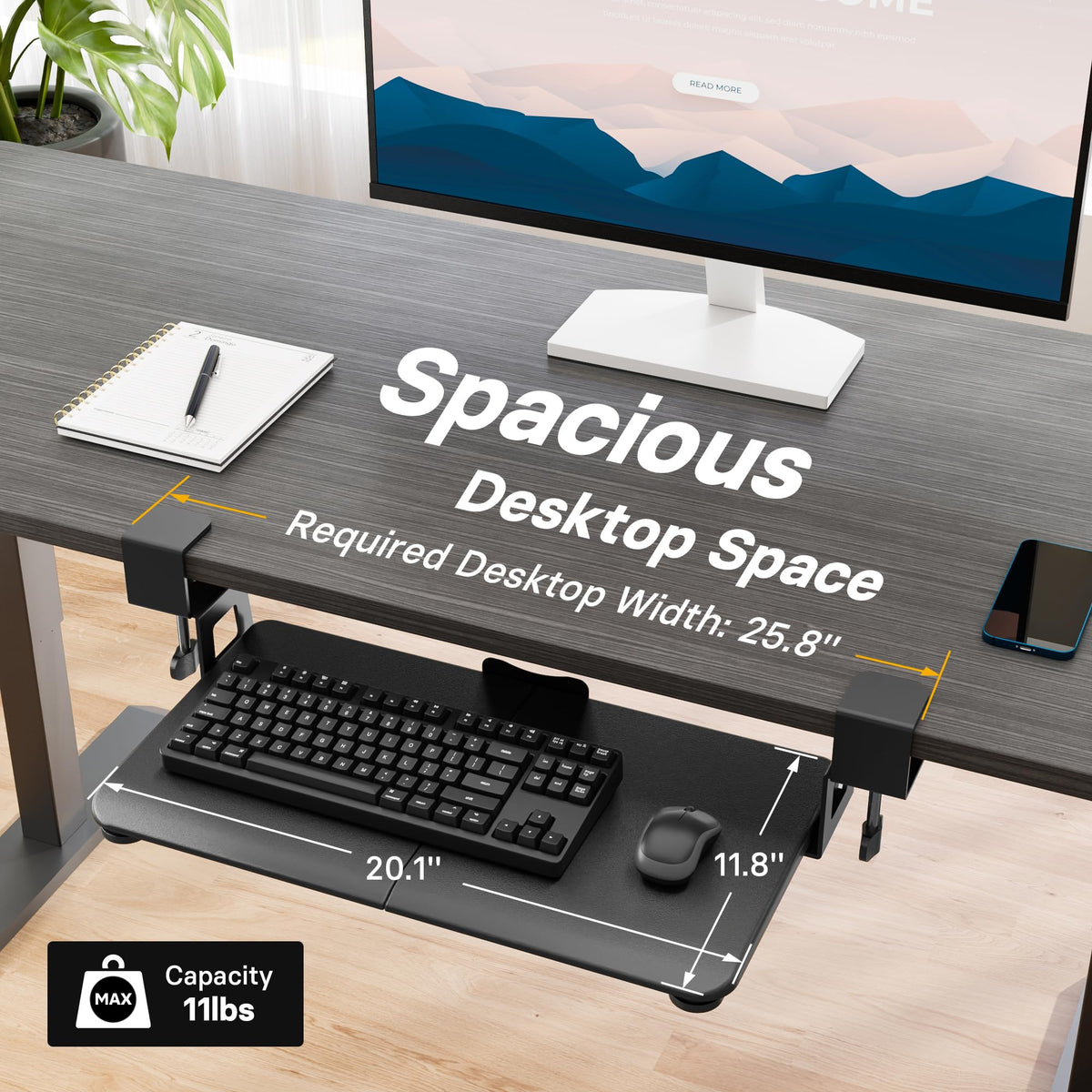 BONTEC Under Desk Keyboard Tray, Pull-Out Keyboard & Mouse Platform with C-Clamp, 20 x 11.8 in Space-Saving Ergonomic Slide-Out Drawer, Black