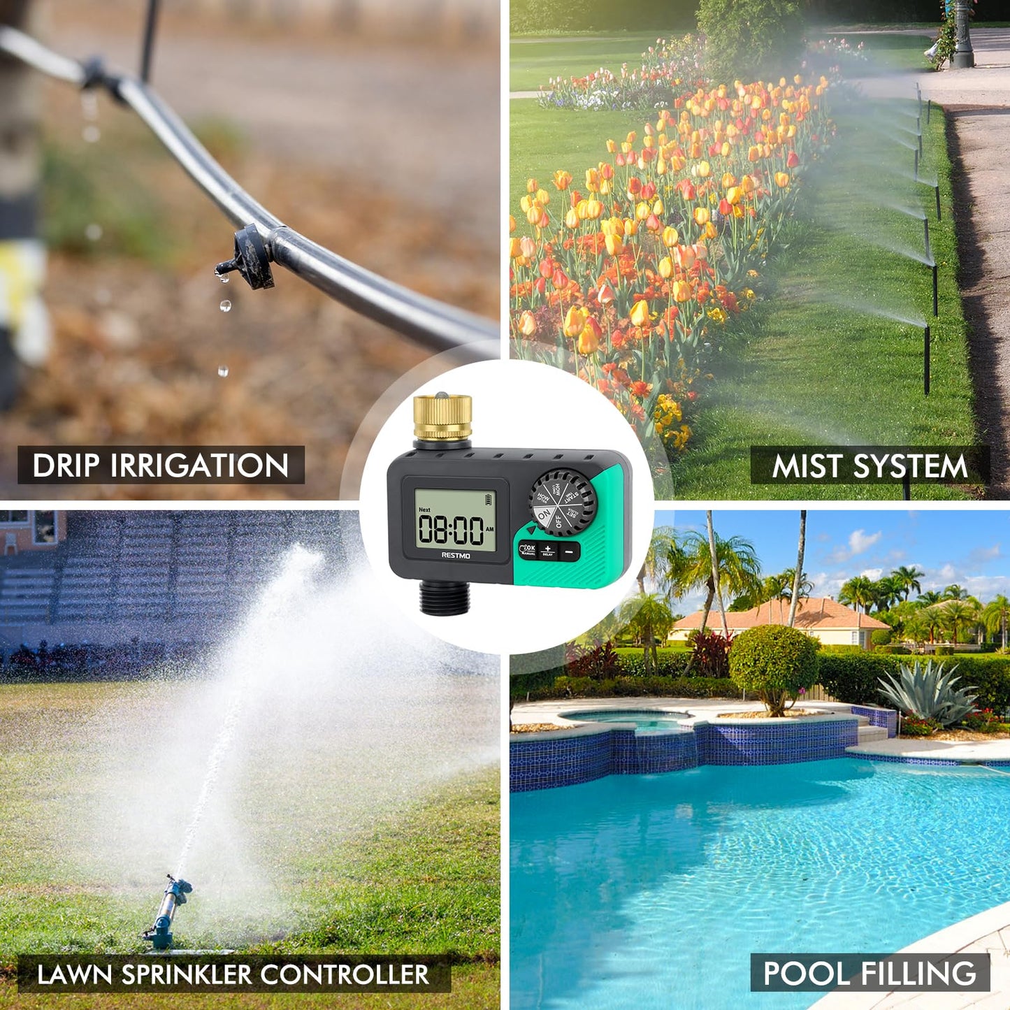 RESTMO Water Timer for Garden Hose, Programmable Sprinkler Timer with Brass Inlet, Rain Delay/Manual ON/Off/Automatic Irrigation Control, Hose Timer for Outdoor Faucet, Yard and Lawn Watering System