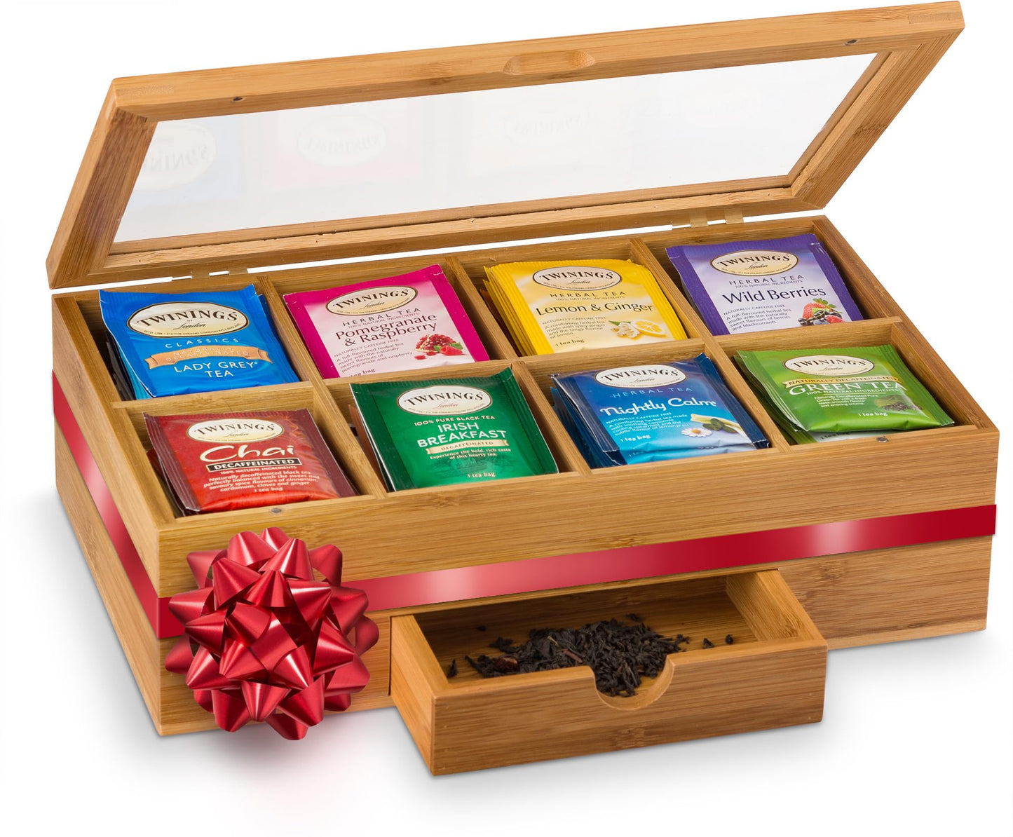 Bamboo Tea Box Organizer - Wood Tea Chest with Slide-Out Drawer & Acrylic Window, Magnet Lid Keeps Teabag Fresh - Countertop & Cabinet Storage Organization (Teabags Not Included)