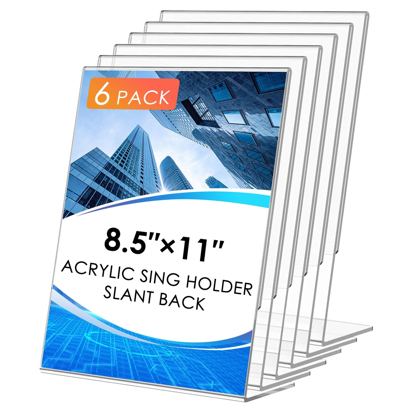 Acrylic Slanted Sign Holder 8.5 x 11 Vertical Clear Signs Display Stand Slanted Back Plastic Flyer Holder Stand for Restaurant Office School Store and Home(L Shape 6 Pack)