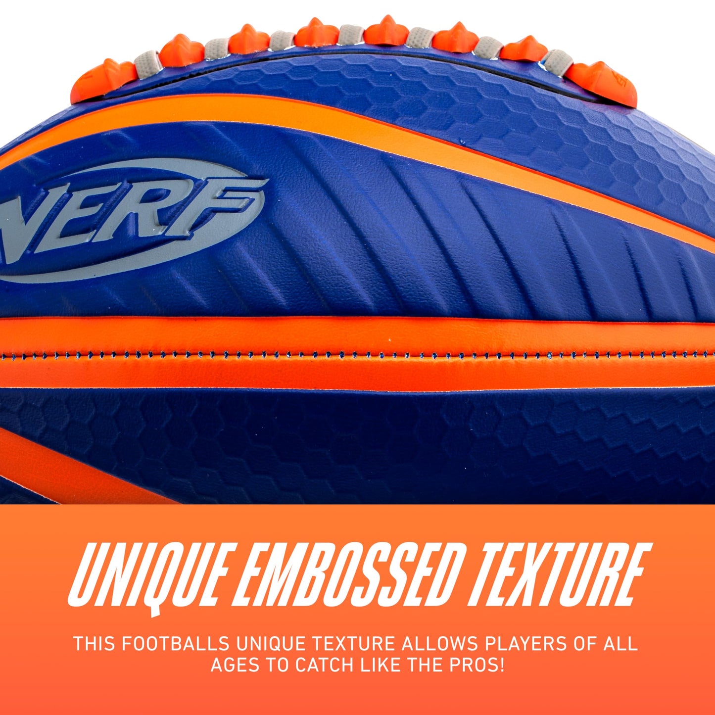 NERF Spiral Grip Mini Football - Patented Spacelace for Ultimate Spirals - Machine Stitched Construction - Pump Included,Blue/Orange, Mini 8.5"