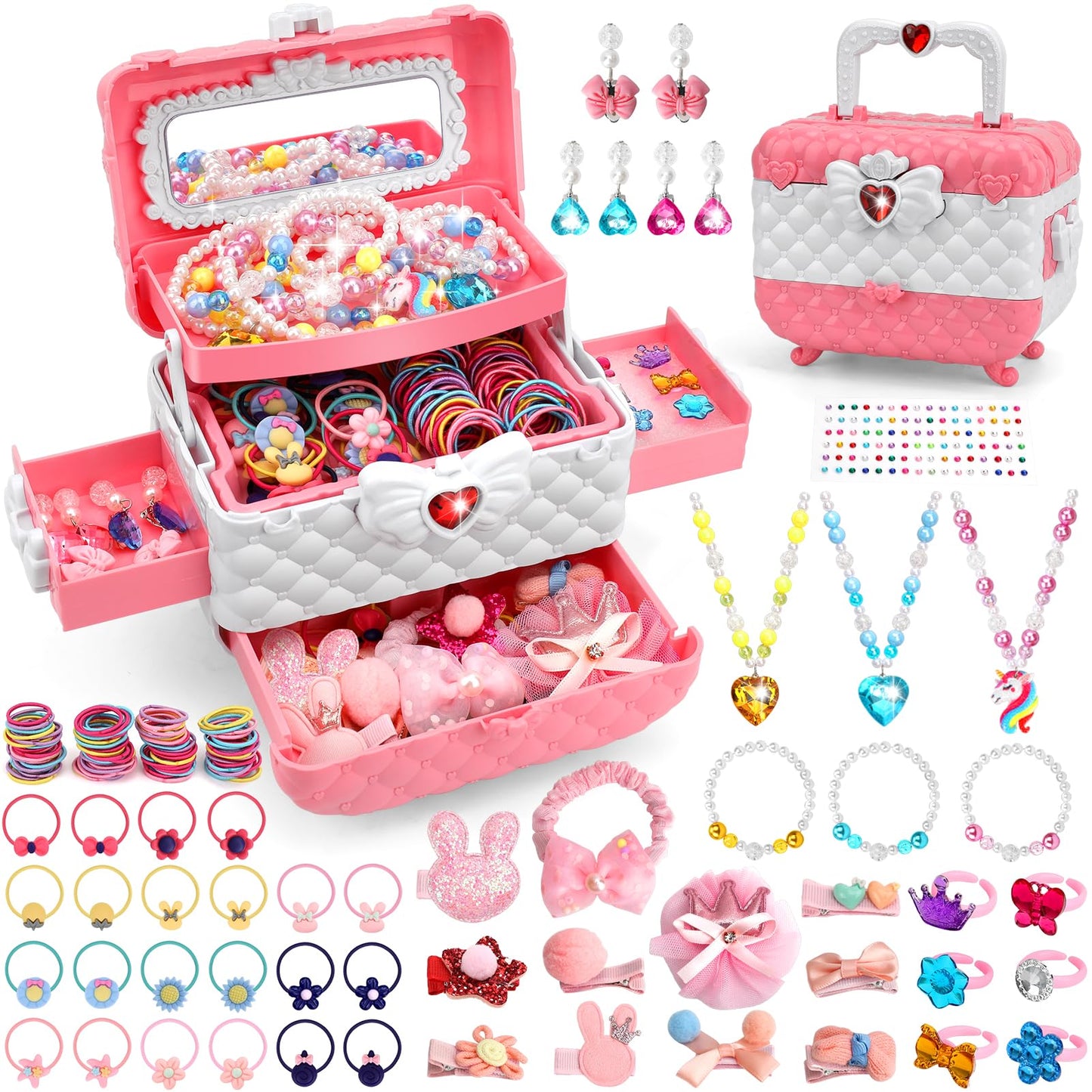 Kids Jewelry Kit Girls Toys, 153pcs Girls Dress Up Play Jewelry Set Kids Toys with Necklaces Bracelets Rings Earrings Hair Accessories and Storage Box, Christmas Birthday Gifts for 3-8 Year Old Girl