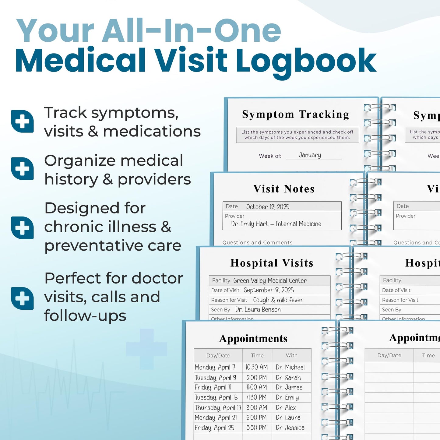 Planners With Purpose B5 Medical Visit Logbook - Large Spiral Bound Medical Planner & Health Journal for Chronic Illness, Doctor Appointments, Symptom Tracking, Medications & Medical History Organizer